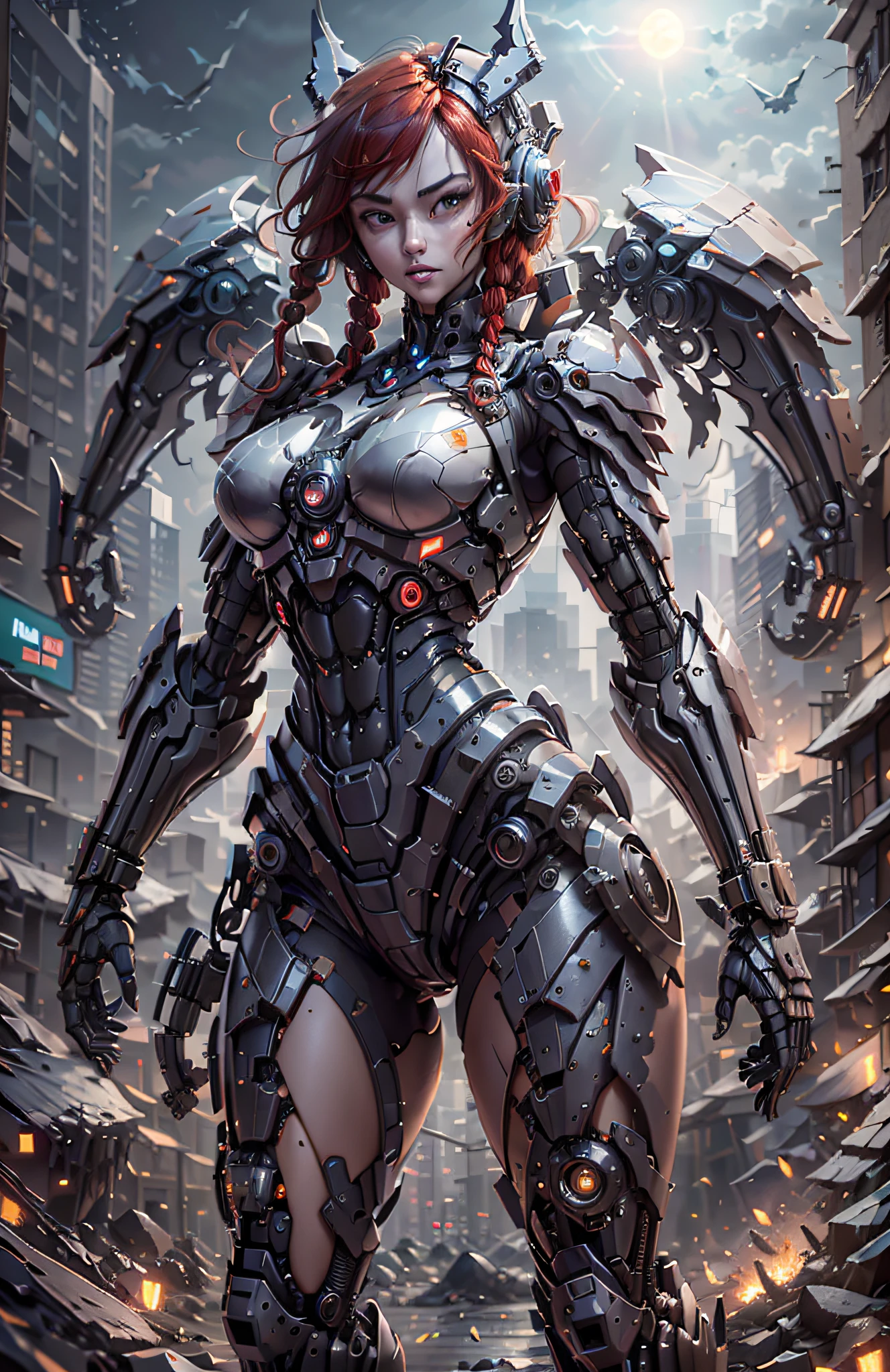 (Best Quality)), ((Masterpiece)), (Very Detailed: 1.3), 3D, Beautiful cyberpunk woman, batman cosplay, sci-fi technology, HDR (High Dynamic Range), ray tracing, nvidia RTX, super resolution, unreal 5, subsurface scattering, PBR texture, post-processing, anisotropic filtering, depth of field, maximum sharpness and sharpness, multi-layer texture, specular and albedo mapping, surface shading, accurate simulation of light-material interactions, perfect proportions, octane rendering, duotone lighting, low ISO, white balance, rule of thirds, wide aperture, 8K RAW, high efficiency subpixels, subpixel convolution, light particles, light scattering, Tyndall effect, very sexy bikini, full body, battle pose, red hair with braids, bats in the sky notuno, full moon,