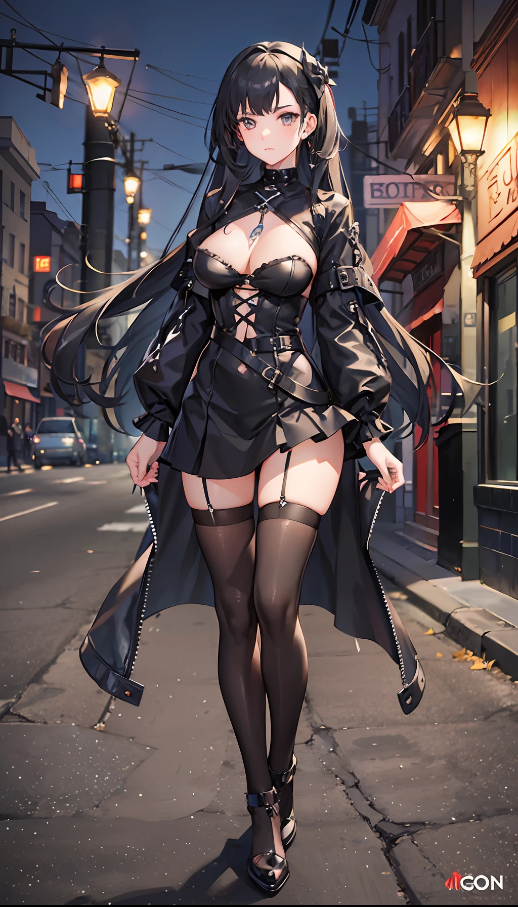 Gothic girl, dressed in tight black clothes, full body photo, walking in street at night, with full moon --auto --s2