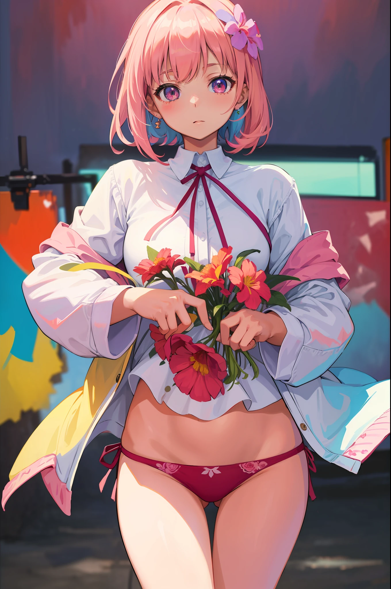 Masterpeace, Best Quality, 1 girl, 18 years old, (floral panties), bright colors, Volumetric lighting, Best shadows, Shallow depth of field, (Top quality, Amazing details: 1.25), Brilliant colorful paintings