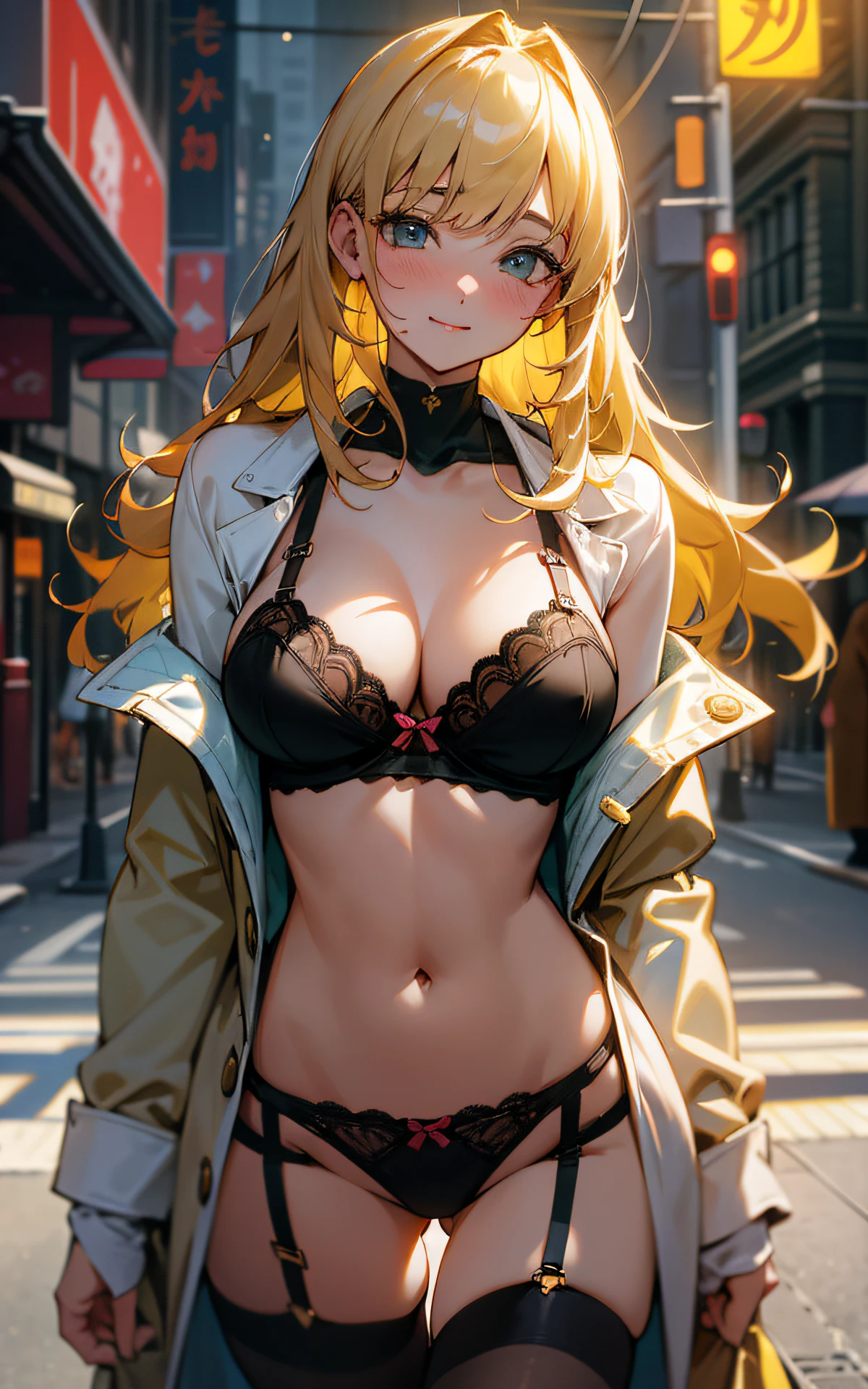 (Original Character、Unity 16K Wallpaper, Masterpiece, Best Quality, Ultra-Detailed, Extremely Detailed, Caustics, Cinematic Lighting, Detailed, Beautiful Detailed Eyes), Ultra High Resolution, fine skin, (busy city、strong light,30 years old,Slut,flasher、blush、showing sexy bra,bust up)、(brighten the subject、undressing,open clothes),casual、cleavage、gold hair