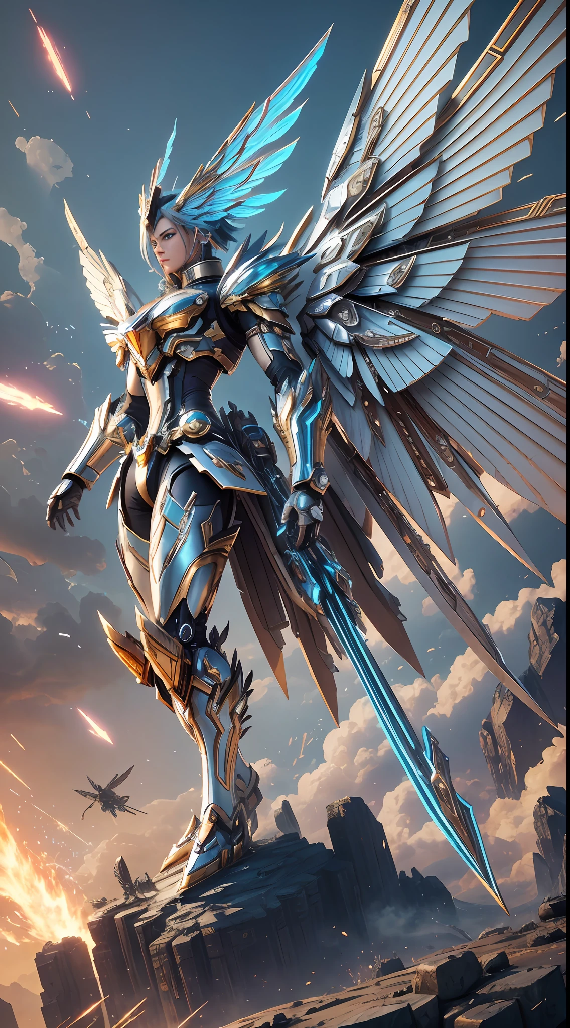 Steampunk style, cool colors, cinematic effects, huge sci-fi mecha, white-gold mecha with strong metallic luster, metallic wings on the back, wings are feathers and layered, holding Fang Tianji, Fang Tianji particle light, Fang Tianji particle special effects, aesthetic, scattered, battle posture, battle posture display, super details, perfect details, 8K, top painting, feature article, studio environment, concept art, epic composition, with HD details, metallic texture and tension composition, hyper-realistic, ultra-realistic, rich in detail.3D. C4D,