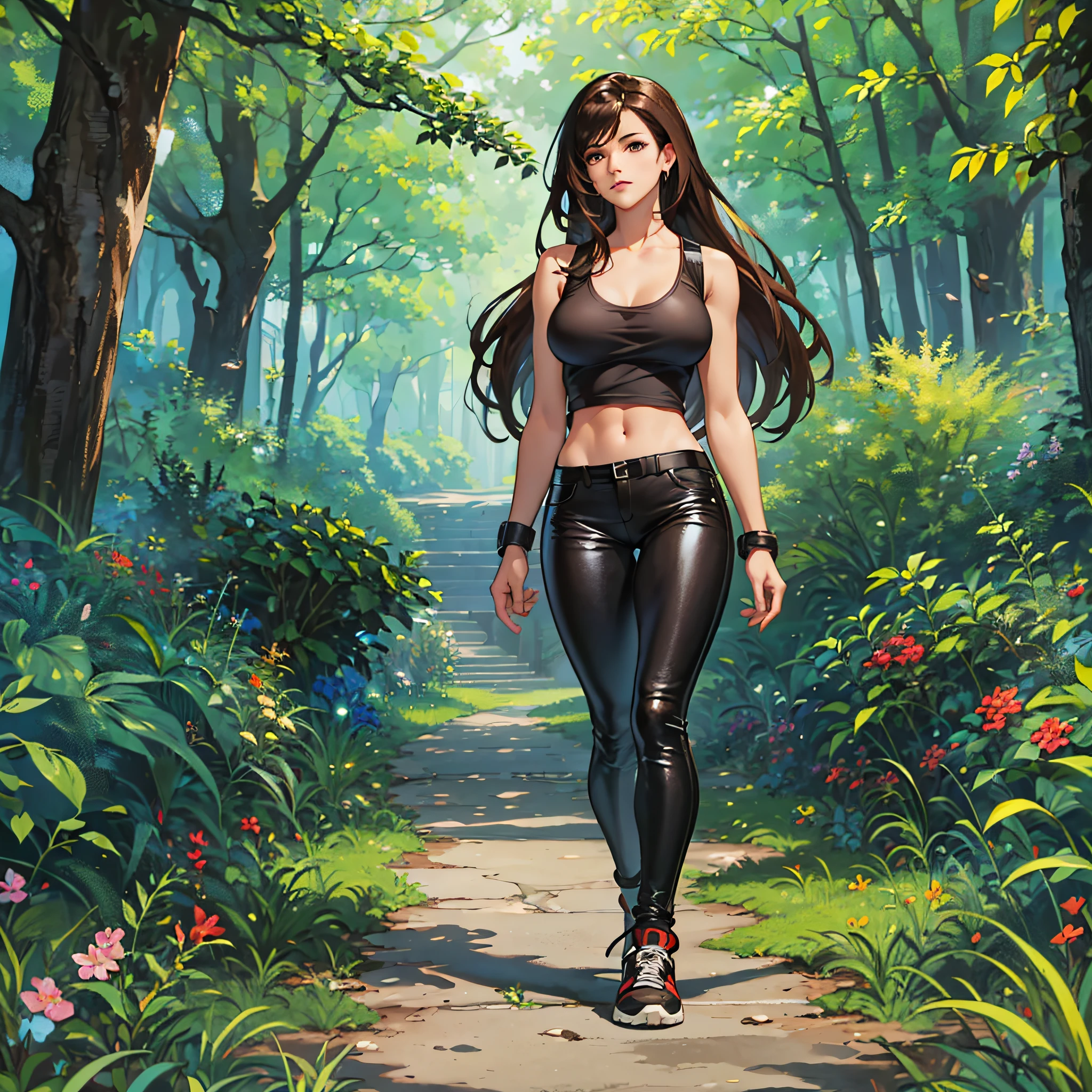 (masterpiece, best quality) 1.5, 1girl, solo, (sexy, beautiful woman, perfect face, perfect eyes), tifa lockhart, black leather pants, white tank top, black sneakers, walking in the woods, (reddish brown eyes, black hair, loose hair, long hair) --auto --s2