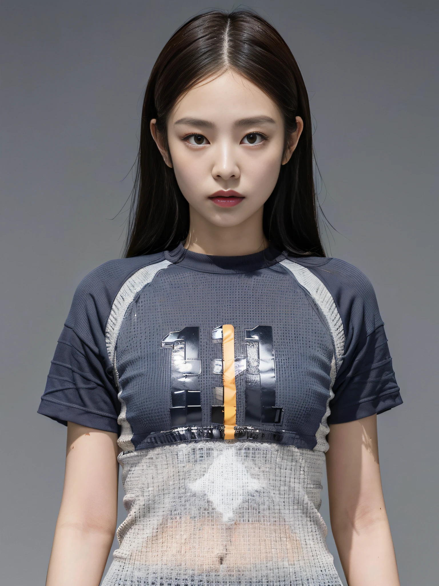 (1girl:1.3), Solo, __body-parts__, Kim Ji-ni Jennie face, wearing trendy brand, football T-shirt, thin body, bare waist, football shorts, world-weary face, cold eyes, Korean style photo photos, photographic lighting, strong contrast, sunlight on the face, world-weary face, high-class sense, cold eyes, feminine, background cement gray, 8k resolution image, intricate symmetrical details. The whole picture goes forward, mainly a woman standing all over her body, with smooth movements and a complete picture.