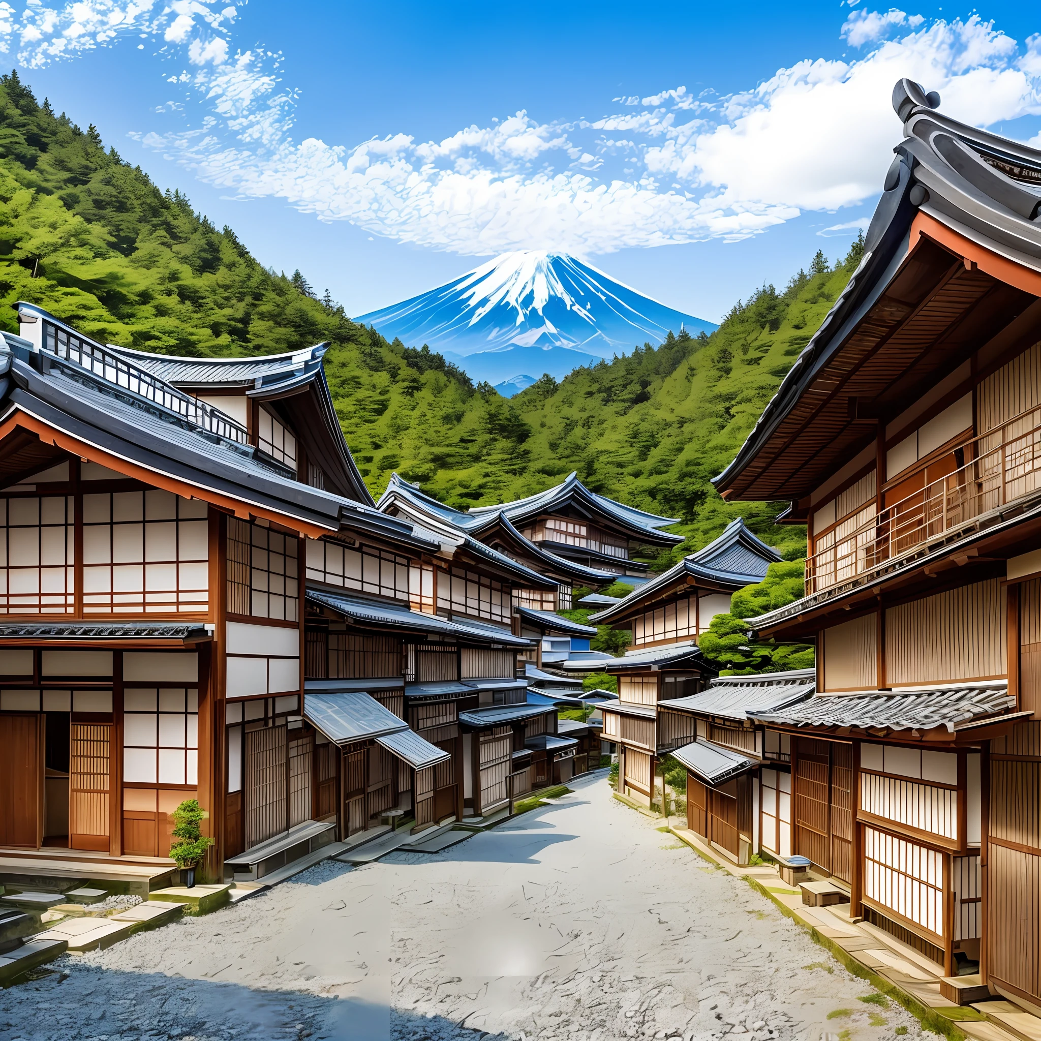 Small Japanese village, few houses, Mount Fuji, folklore --auto --s2