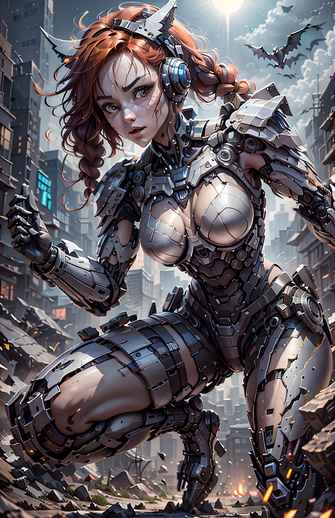 (Best Quality)), ((Masterpiece)), (Very Detailed: 1.3), 3D, Beautiful cyberpunk woman, batman cosplay, sci-fi technology, HDR (High Dynamic Range), ray tracing, nvidia RTX, super resolution, unreal 5, subsurface scattering, PBR texture, post-processing, anisotropic filtering, depth of field, maximum sharpness and sharpness, multi-layer texture, specular and albedo mapping, surface shading, accurate simulation of light-material interactions,  perfect proportions, octane rendering, duotone lighting, low ISO, white balance, rule of thirds, wide aperture, 8K RAW, high efficiency subpixels, subpixel convolution, light particles, light scattering, Tyndall effect, very sexy bikini, full body, battle pose, red hair with braids, bats in the sky notuno, full moon,