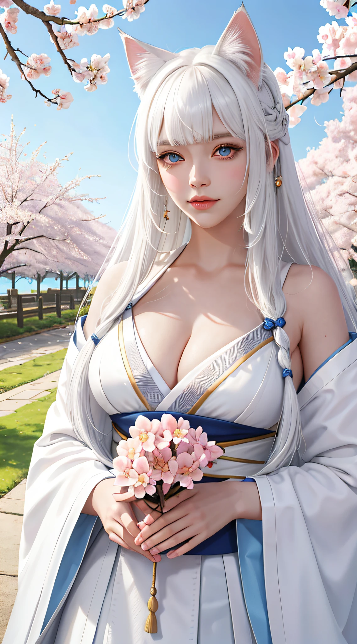 Light white hair, blunt bangs, asymmetrical hair, hair behind the ears, long hair, wavy hair, blue eyes, cat pupils, eyebrows behind hair, cat ears, severe, facial hair, UHD, anatomically correct, textured skin, high detail, 1080P, traditional Japanese clothing, sexy, exposed, big breasts, under the cherry blossom tree by the garden, the most beautiful pose