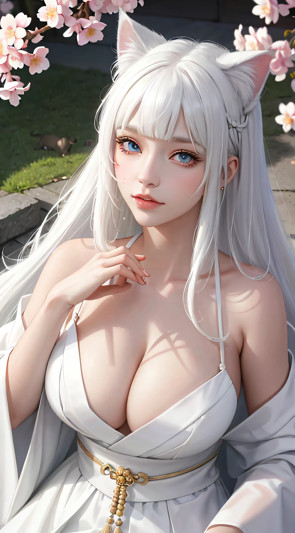 Light white hair, blunt bangs, asymmetrical hair, hair behind the ears, long hair, wavy hair, blue eyes, cat pupils, eyebrows behind hair, cat ears, severe, facial hair, UHD, anatomically correct, textured skin, high detail, 1080P, traditional Japanese clothing, sexy, exposed, big breasts, under the cherry blossom tree by the garden, the most beautiful pose