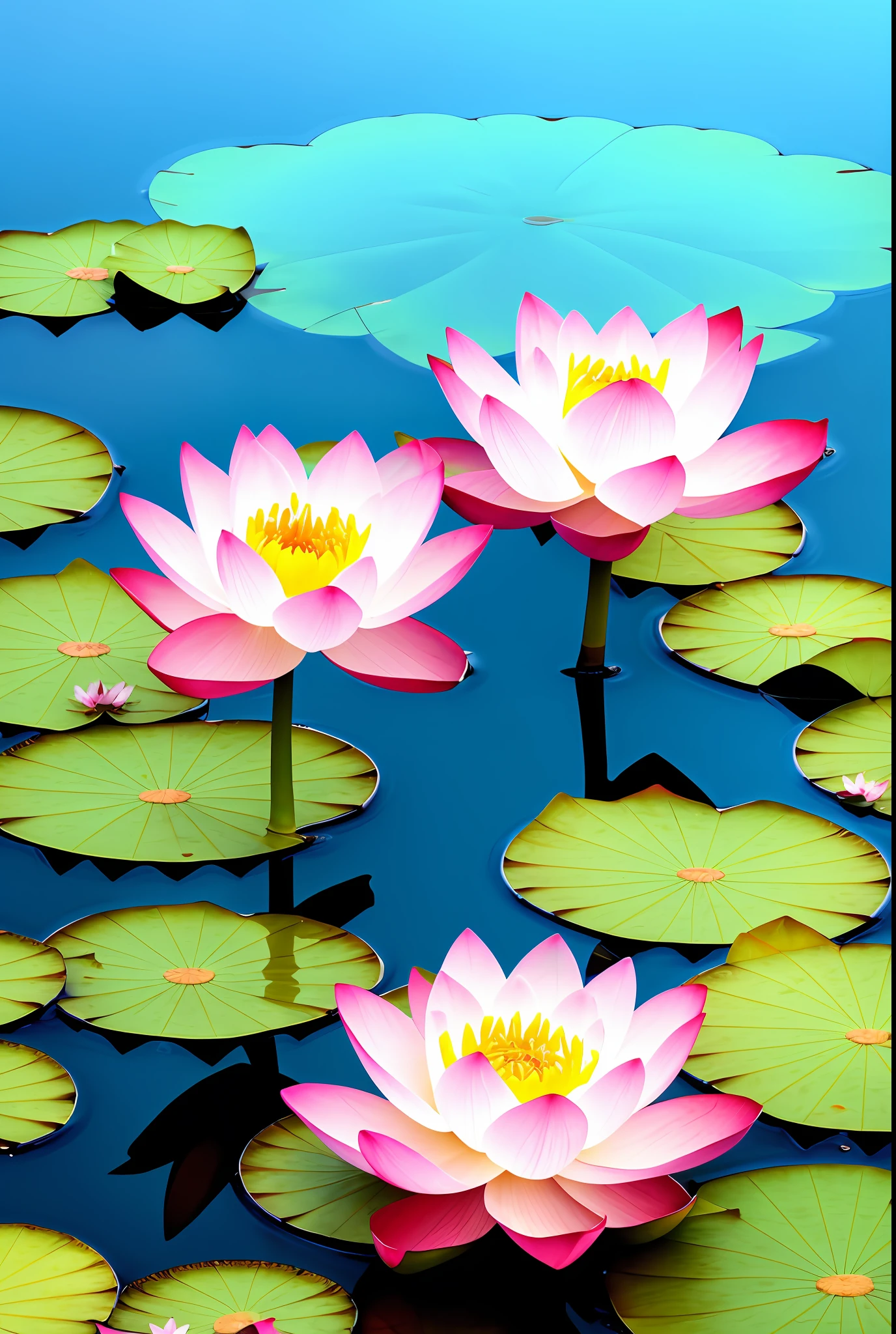 lotus flowers are blooming in a pond with a blue sky, lotus flowers, lotus flowers on the water, lotuses, lotus pond, lotus, lotus petals, lotus flower, standing gracefully upon a lotus, with lotus flowers, very beautiful photo, beautiful image, beautiful wallpaper, water lilies, sitting on a lotus flower, beautiful composition 3 - d 4 k