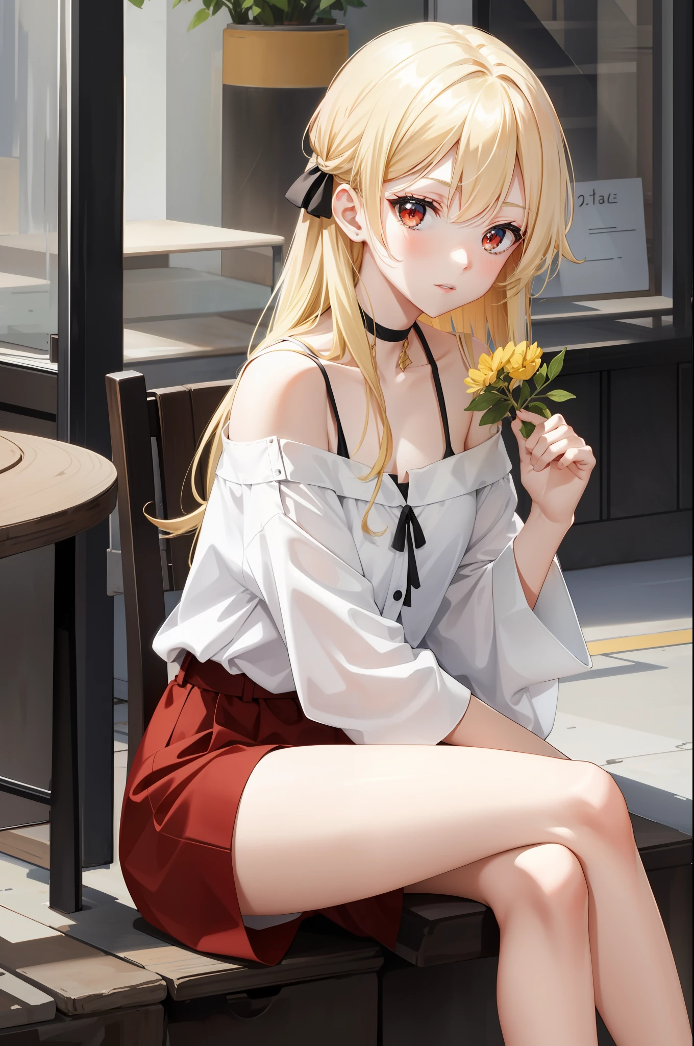 blonde, red-eyed, one girl, off-shoulder, sitting,