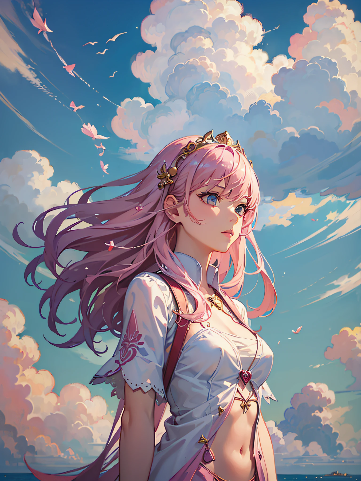 (best quality:1.33), (masterpiece:1.42), (realistic:1.24), (detailed:1.15), 1girl, sexy goddess, pink hair, floating in air, pastel colors, clouds