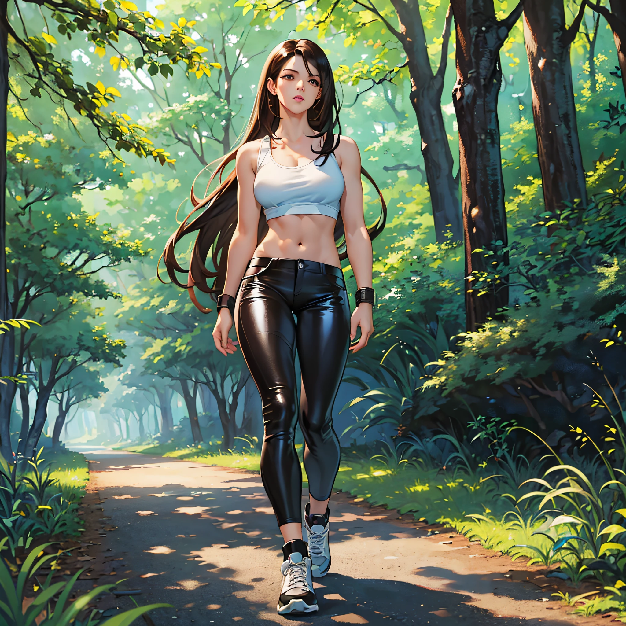 (masterpiece, best quality) 1.5, 1girl, solo, (sexy, beautiful woman, perfect face, perfect eyes), tifa lockhart, black leather pants, white tank top, black sneakers, walking in the woods, (reddish brown eyes, black hair, loose hair, long hair) --auto --s2