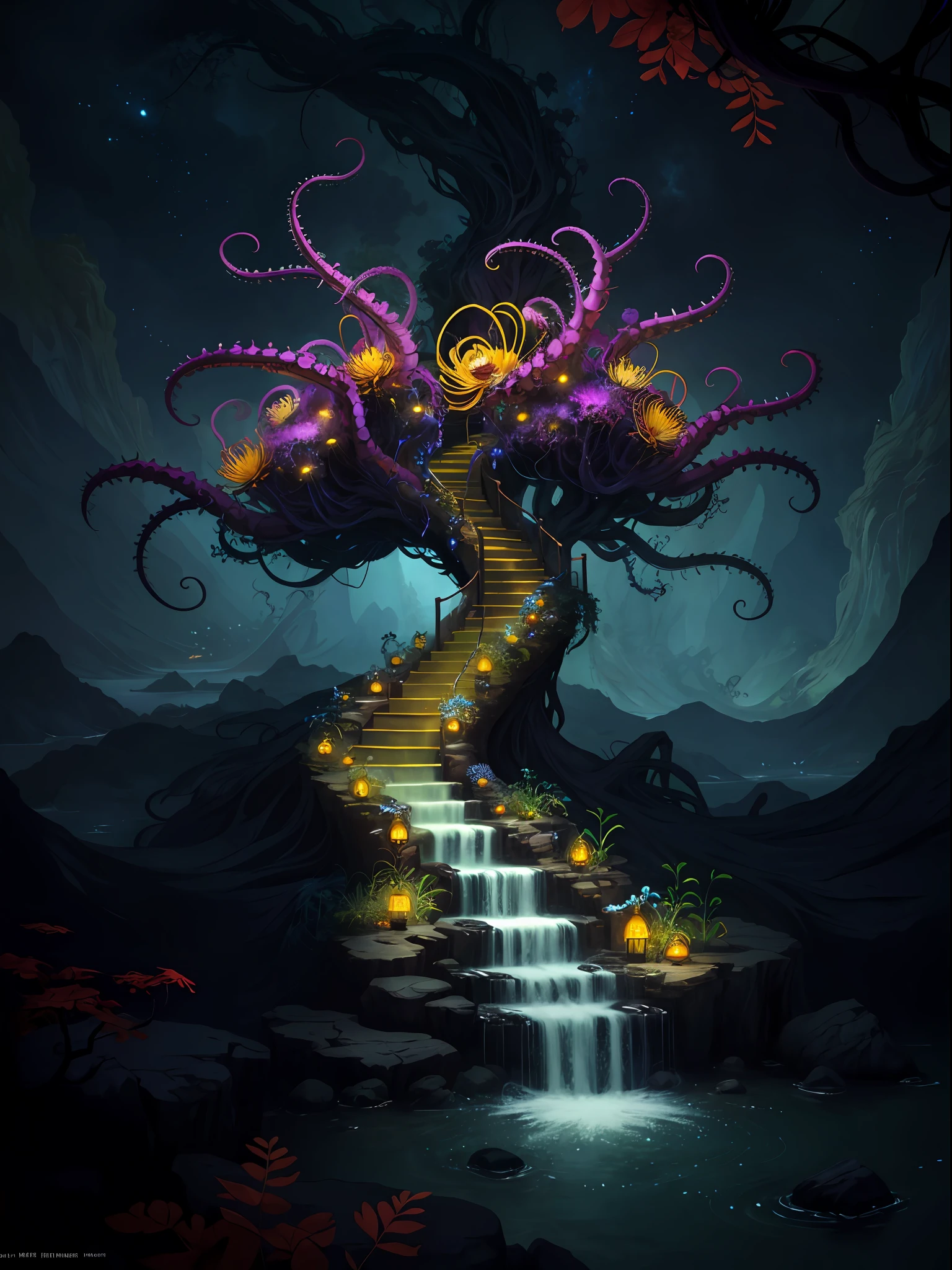 ((best quality)), ((masterpiece)), (high detail), (highres), looking up at the infinite length of the universe, endless galaxies, dangerous black holes, exploding supernovae, floating stars, endless stairs, nebulae, ominous, cinematic atmosphere, negative dark mode, mc escher, senseijaye art, matrix atmosphere, digital code rotation, matte painting," A golden pearl girl wrapped around a jungle vine, detailed facial features, extremely delicate and beautiful", colorful poisonous flower vines, surrounded by swarms of red tentacles, antennae: 1.5), swarms of tentacles in the background, fluffy, detailed, cinematic lighting, vibrant nature, volumetric light, trend on artstation, Octane rendering.", trends on artstation, clear focus, studio photos, Intricate detail, very detailed, ((fantasy)), intricate, Unreal Engine,