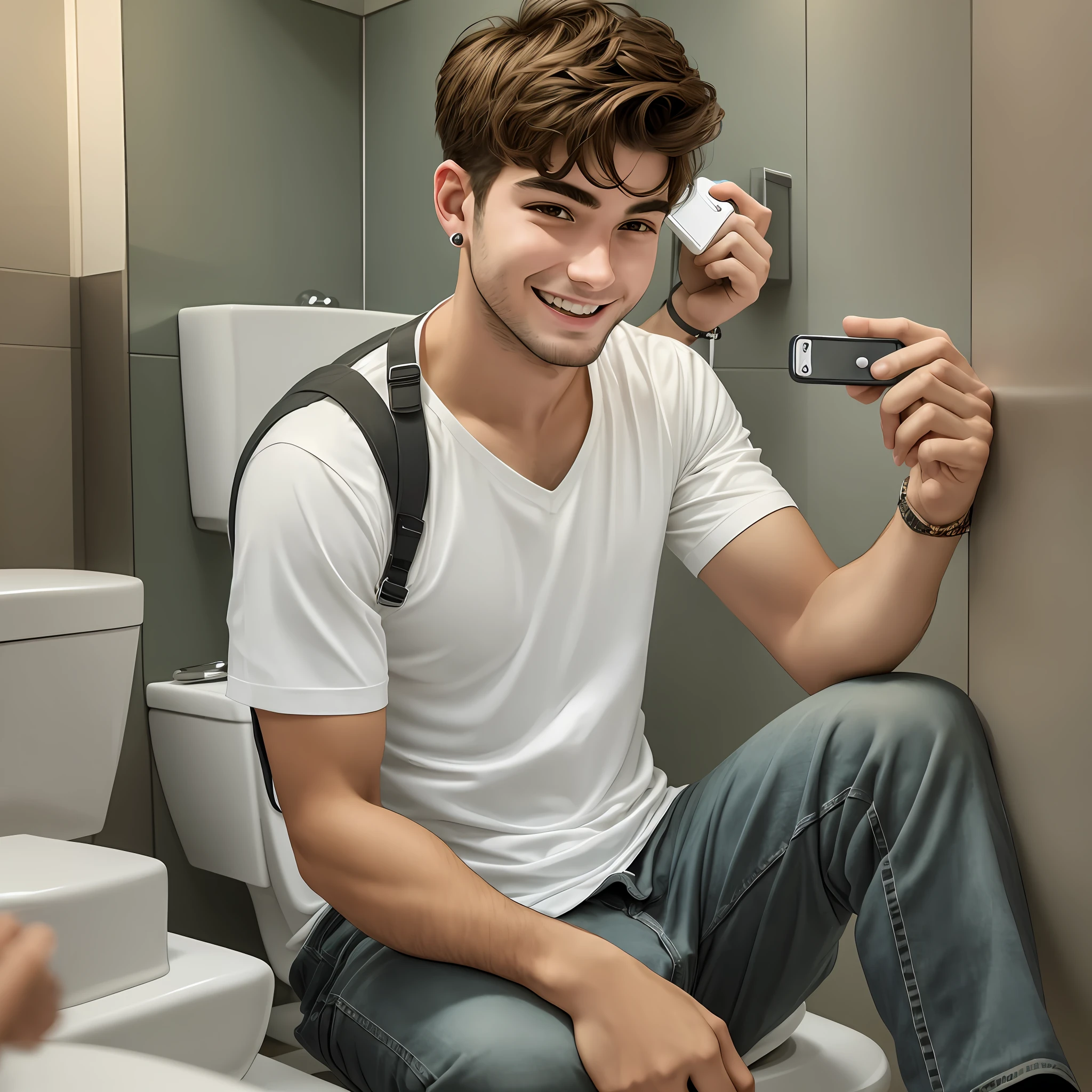 Young man, holding a mobile phone in his left hand on the toilet and putting it on his left ear to make a call, his lower pants down to his knee, his expression is happy, and the shooting angle is 45° --auto --s2