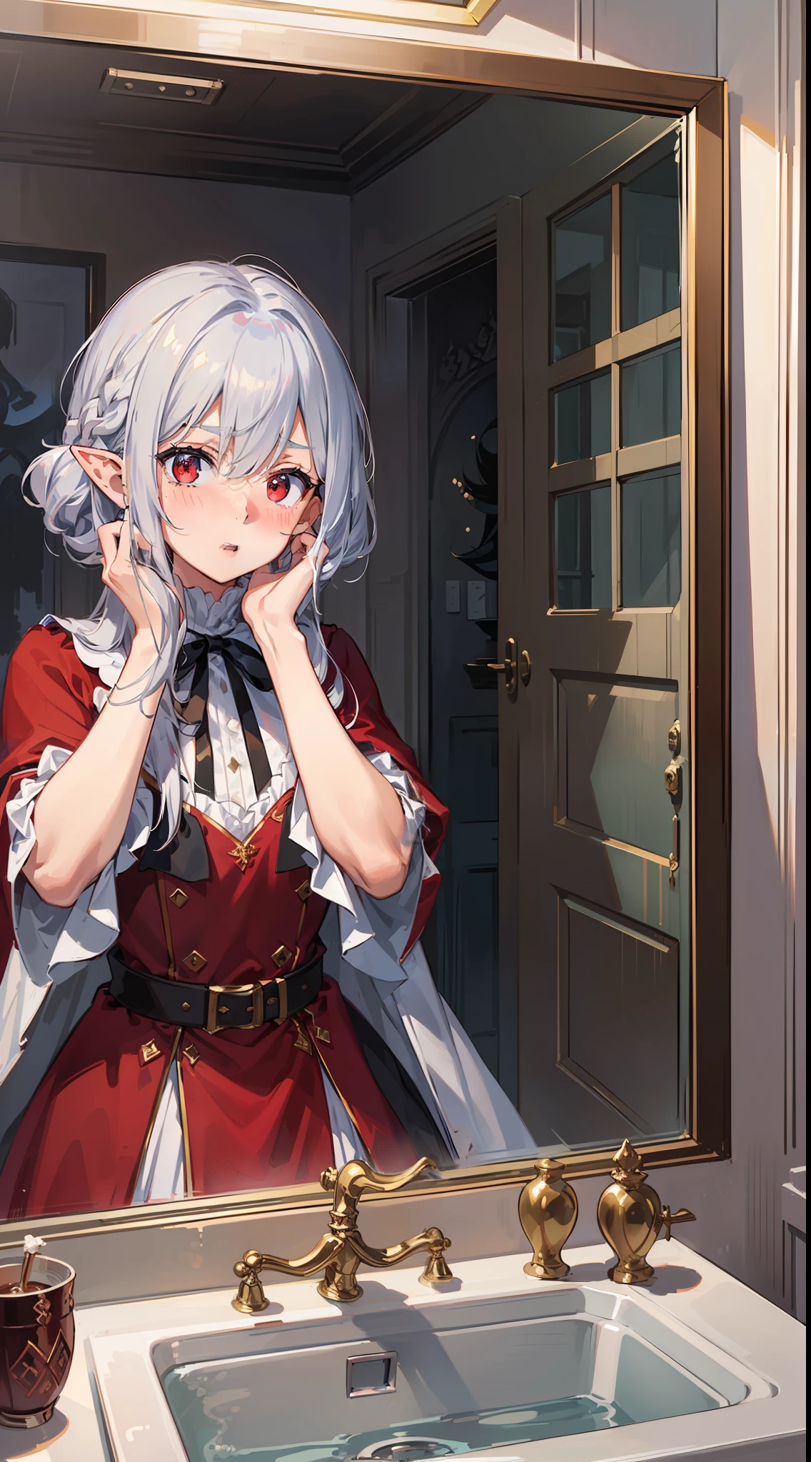 ((Putting both hands on his face)), ((Surprised)), (Looking at the front)), (blush), 1girl, Elf, Silver hair, Red eyes, Braided hair, Bob cut, Fantasy style costume, Wizard, Ruffles, Robe, Long skirt, Tights, Black cloak, Sink, Washroom, Mirror, Concept art, Beautiful anime scene, Beautiful anime scenery, Best quality, ((Masterpiece))