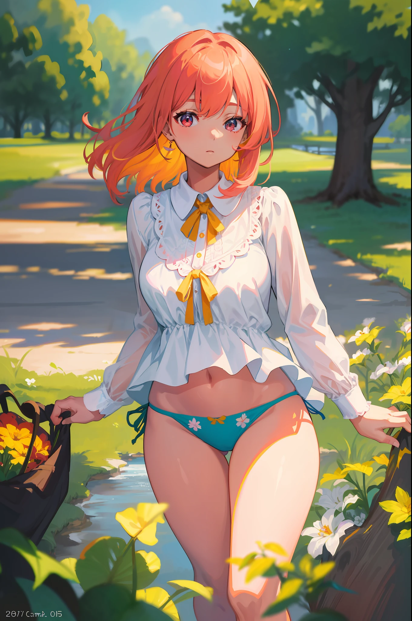 Masterpeace, Best Quality, 1 Woman, 28 Years Old, (Floral Panties), Bright Colors, Volumetric Lighting, Best Shadows, Shallow Depth of Field, (Top Quality, Amazing Details: 1.25), Brilliant Colorful Paintings, Nature,