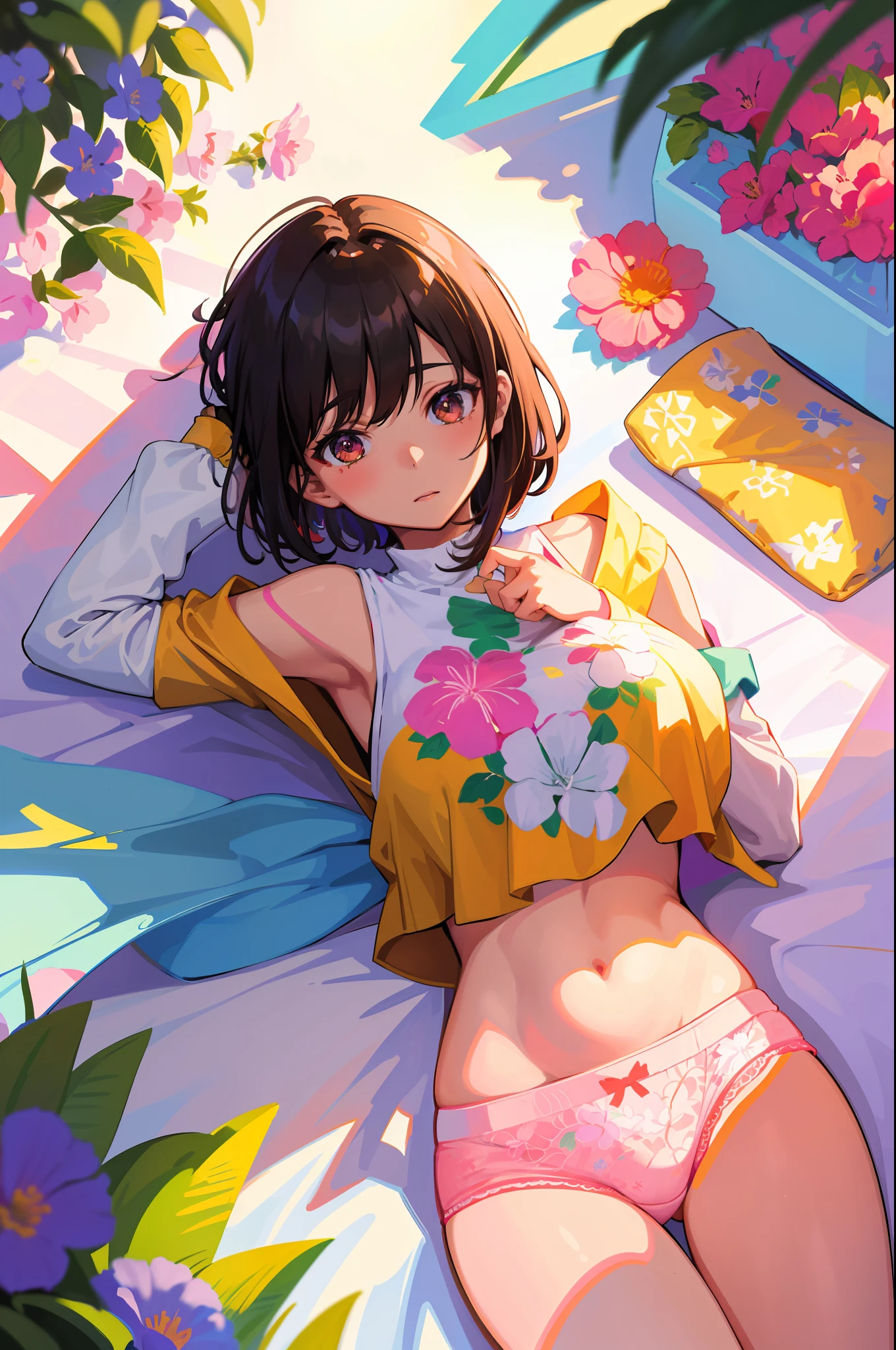 Masterpeace, Best Quality, 1 Woman, 28 Years Old, (Floral Panties), Bright Colors, Volumetric Lighting, Best Shadows, Shallow Depth of Field, (Top Quality, Amazing Details: 1.25), Brilliant Colorful Paintings, Nature,