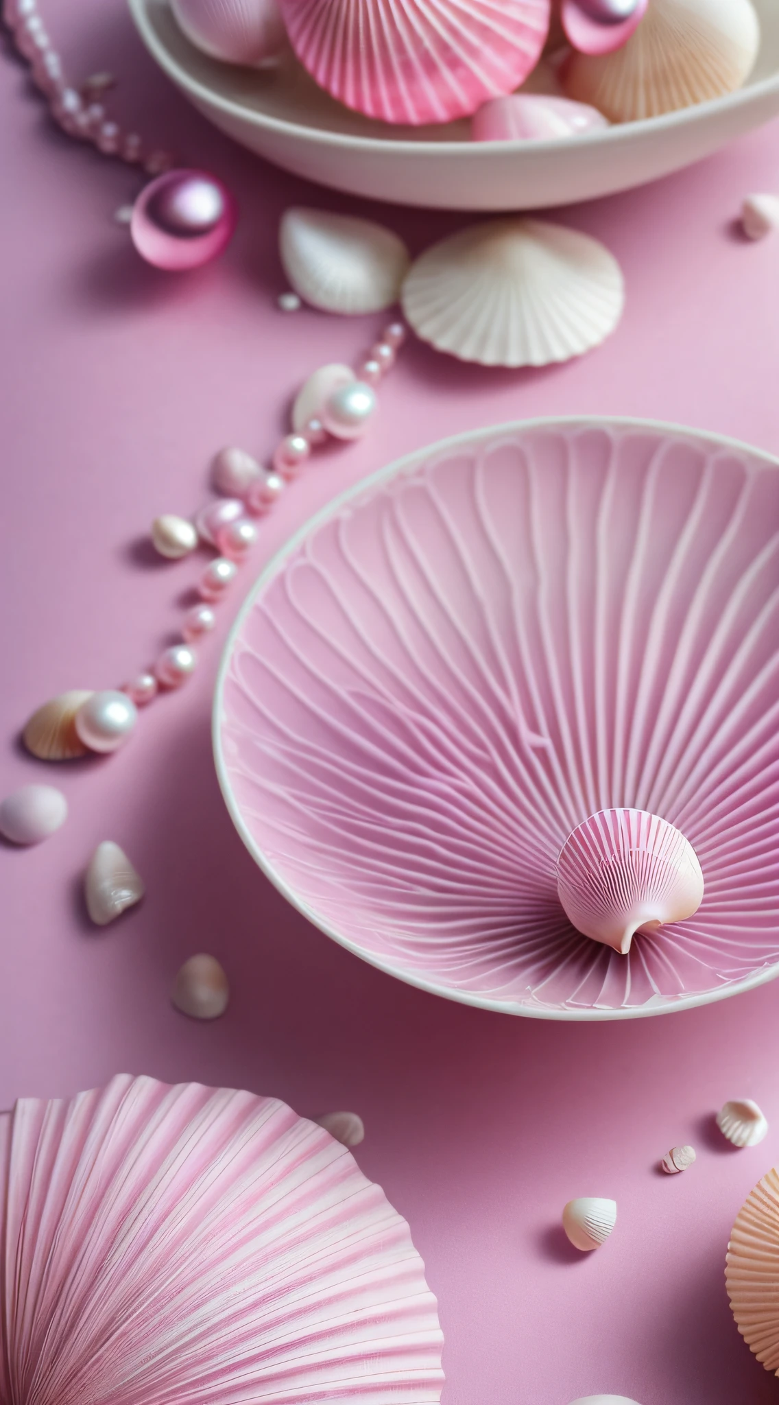 (8k, RAW photo, best quality, masterpiece: 1.2), (realistic, realistic: 1.37) There are many pink shells on the beach, there is water, pearl, pearl and shell, soft spill, pearlization, pink jellyfish everywhere, soft 3D rendering, ethereal bubbles, bubble landscape, Iray shader, soft pink, pink reflection, pearl sky, shells, paradise pink, pastel colors, pink pastels