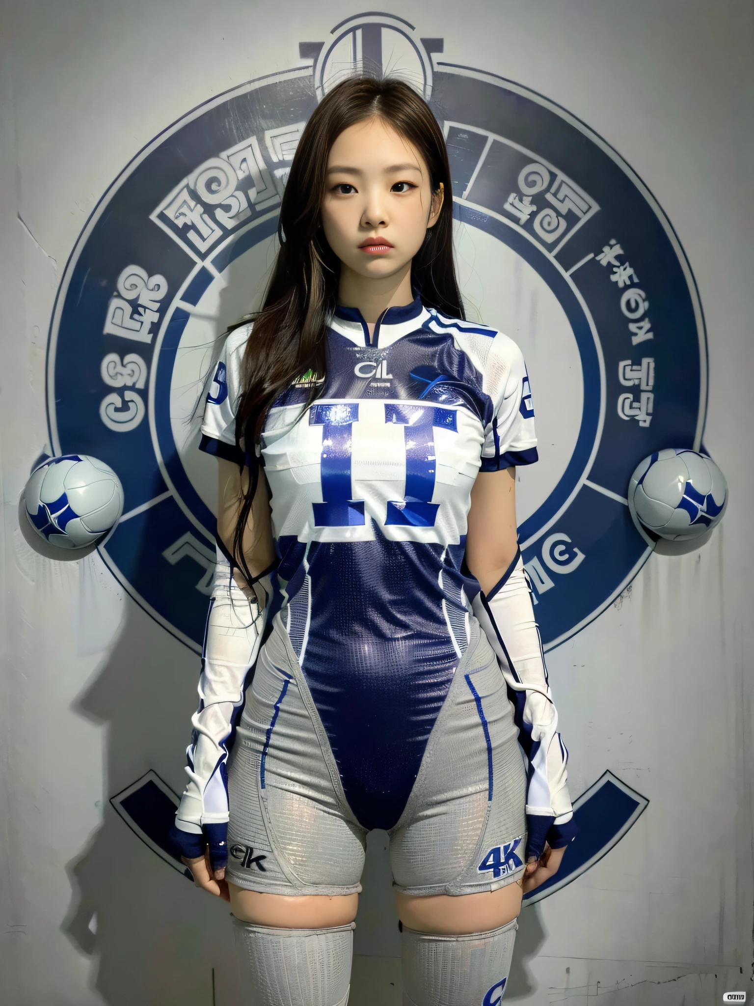 (1girl:1.3), Solo, __body-parts__, Kim Ji-ni Jennie face, wearing trendy brand, football uniform, world-weary face, cold eyes, Korean style photo photo, photography lighting, strong contrast, sunlight on the face, world-weary face, high-class sense, cold eyes, feminine, cement gray background, 8k resolution image, intricate symmetrical details. The whole picture goes forward, mainly a woman standing all over her body, with smooth movements and a complete picture.