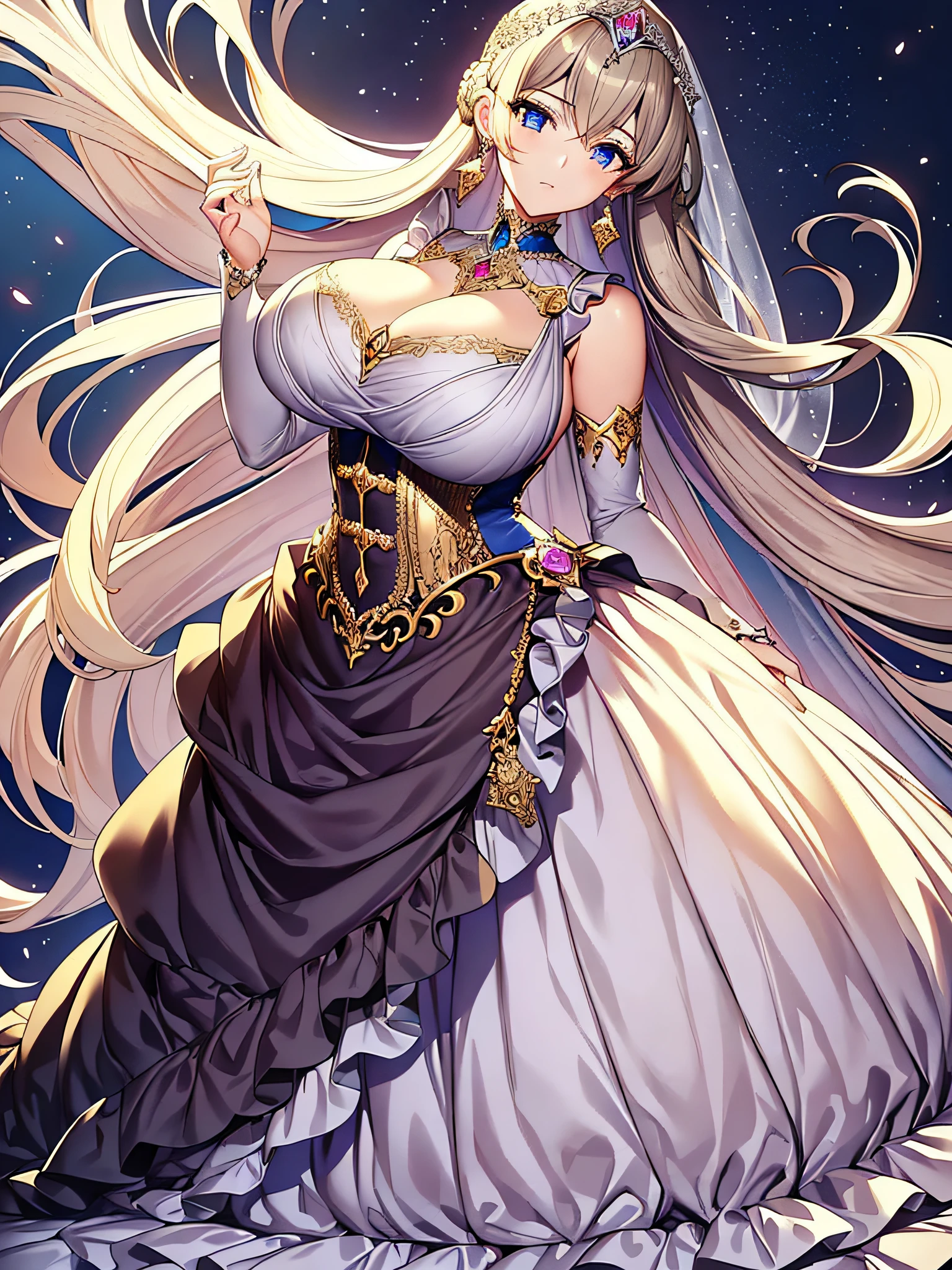 ((anime moe artstyle)),(Masterpiece),(Best Quality), (Super Detail),Illustration,((Very Delicate and Beautiful)),Focus on character,Dynamic Angle,Looking at viewer,(((Solo))),((Full body)),(((one gorgeous princess in jeweled ball gown with a voluminous skirt))),detailed face and eyes,jewel-like eyes,(Very Long Hair),gorgeous embroidery and lace,See-through,ornate ruffles,(gigantic breasts,Long breasts),jeweled ball gown,(gorgeous ball gown with a voluminous skirt),((lift up the hem of dress)),
