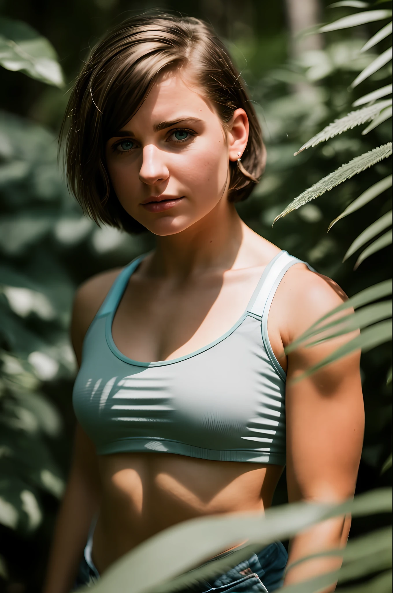 Close-up shot, 55mm Canon lens, volumetric lighting, Fujifilm XT3 lens, upper body portrait, a young white woman, muscular, very worried facial expression, 18 years old, black tattoos, short light brown hair, short hair, straight hair, sleeveless black shirt, forest with exotic plants and flowers in the background, sunlight passing through the trees, high resolution image, Detailed texture, realistic depth of field