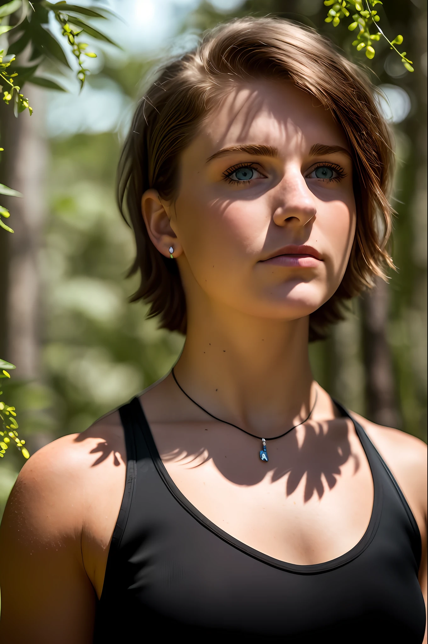 Close-up shot, 55mm Canon lens, volumetric lighting, Fujifilm XT3 lens, upper body portrait, a young white woman, muscular, very worried facial expression, 18 years old, black tattoos, short light brown hair, short hair, straight hair, sleeveless black shirt, forest with exotic plants and flowers in the background, sunlight passing through the trees, high resolution image, Detailed texture, realistic depth of field