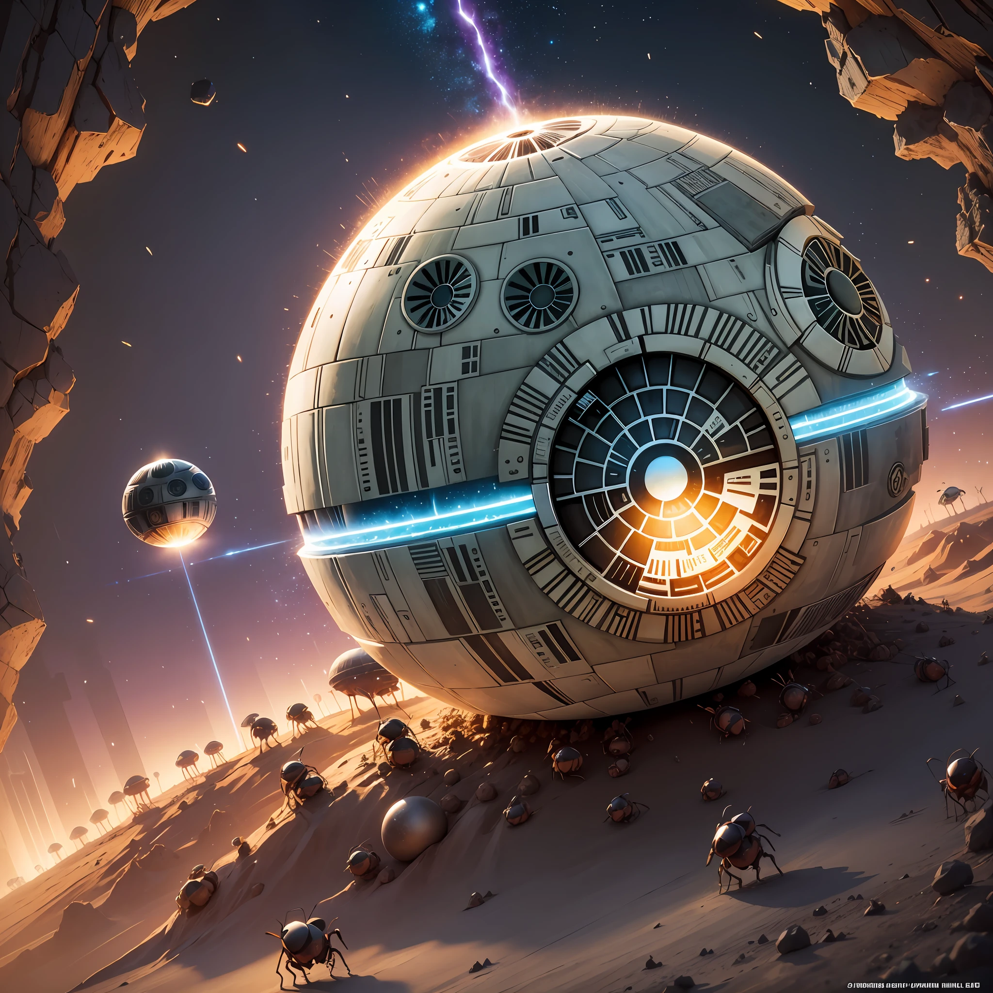 (anthill death star:1.2),ants on top,high quality,amazing lighting,noises:1.2,devastating aspect,(1 nature), intense light,bright fractures,emitting tangled particles of light. --auto --s2