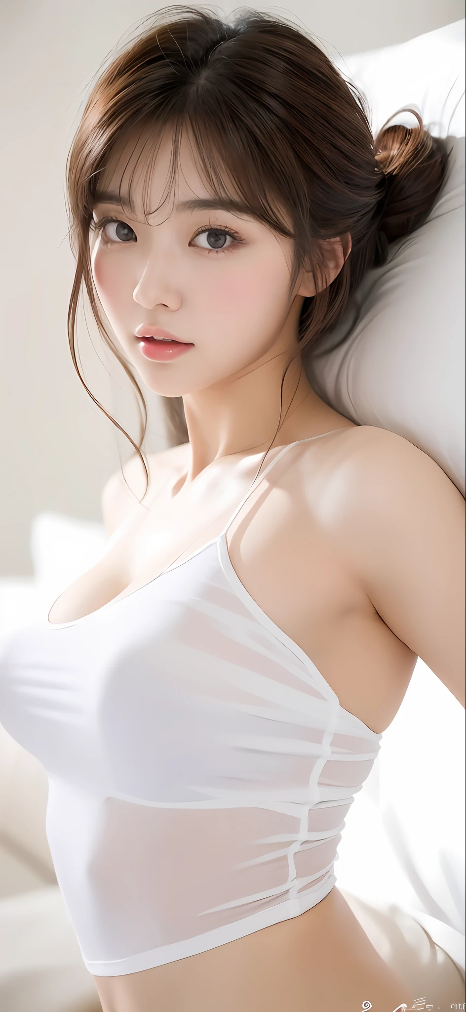 (Masterpiece), (Best Quality), (detailed), 1 girl, 22 years old, playful expression, big breasts, bare breasts, long hair, beautiful, natural, exposed, intellectual, (very detailed composition) beautiful korean young woman, slim model korean girl wearing white camisole with white sheet white pillow, ulzzang personality style, tight clothing, appears on fantastic dark background, big eyes shine, Kim Young-sin beautiful korean woman, young cute girl.