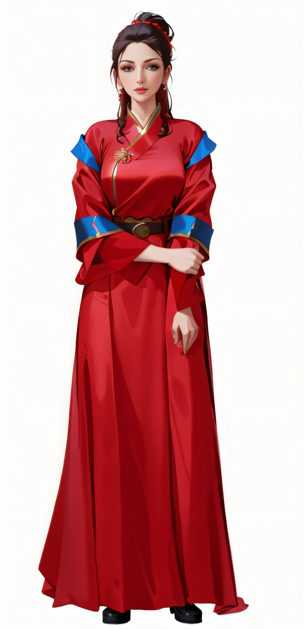 A woman wearing a red dress, light makeup, blue belt, full body wearing red robe, red cloth around the shoulders, full body centered back pat, back bright red long skirt, natural placement of hands, full body view, wearing a gilded red robe, full body dressed in clothing, masterpiece, perfect hands, fine facial features, fine hands