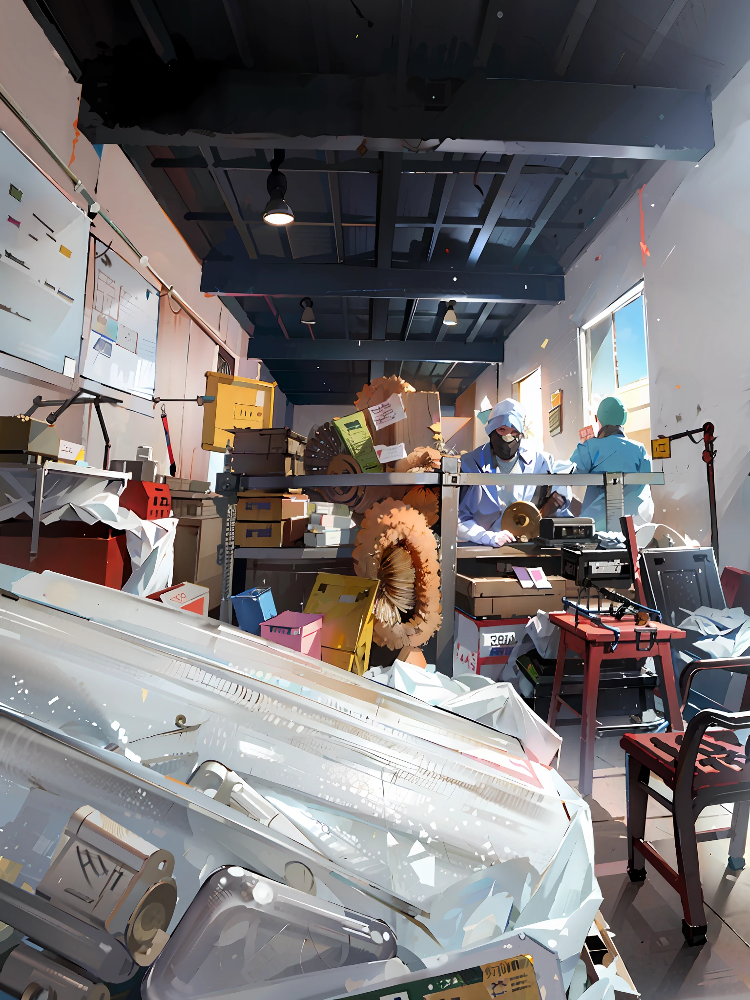 A hospital under construction is littered with scattered medical equipment and needles
