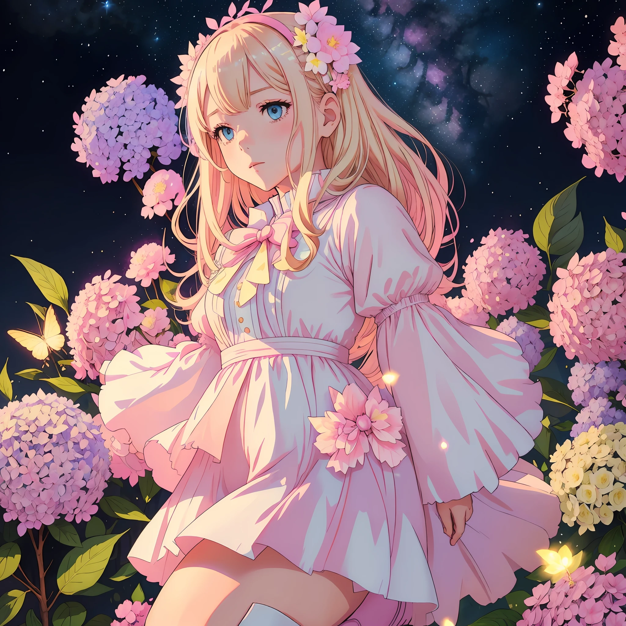 Light blonde haired 2d anime girl with pink hydrangea in her hair, eye color pale blue violet, wearing white pink short dress knee length white boots in a field of pink hydrangea under starry sky surrounded by yellow glowing fireflies --auto --s2