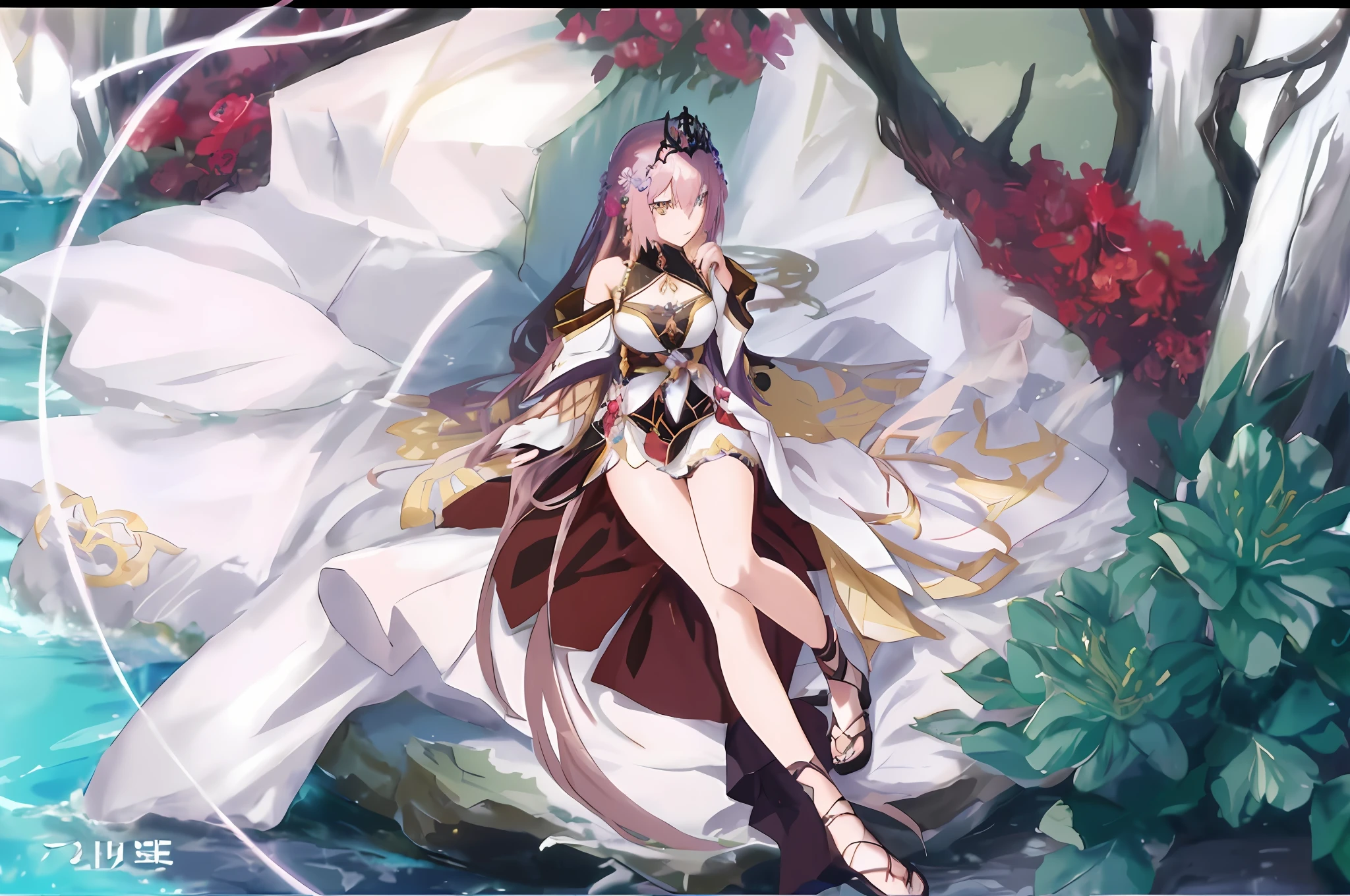 a close up of a woman sitting on a bed with flowers, anime goddess, from arknights, beautiful fantasy anime, shadowverse style, from girls frontline, anime arts, high quality anime artstyle, trending anime art, beautiful anime, beautiful anime art, intricate ornate anime cgi style, ((a beautiful fantasy empress)), beautiful anime artwork, detailed key anime art