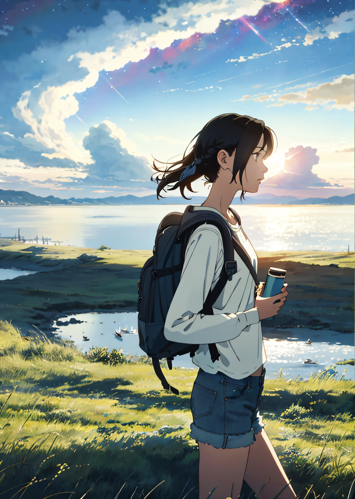 The vast sky, the beautiful skyline, the vast grasslands, the extremely tense and dramatic pictures, the moving visual effects, the high-hanging Polaris, and the colorful natural light. Long-sleeved top, denim shorts, and a girl with a backpack. A large ship was moored in the distant port.