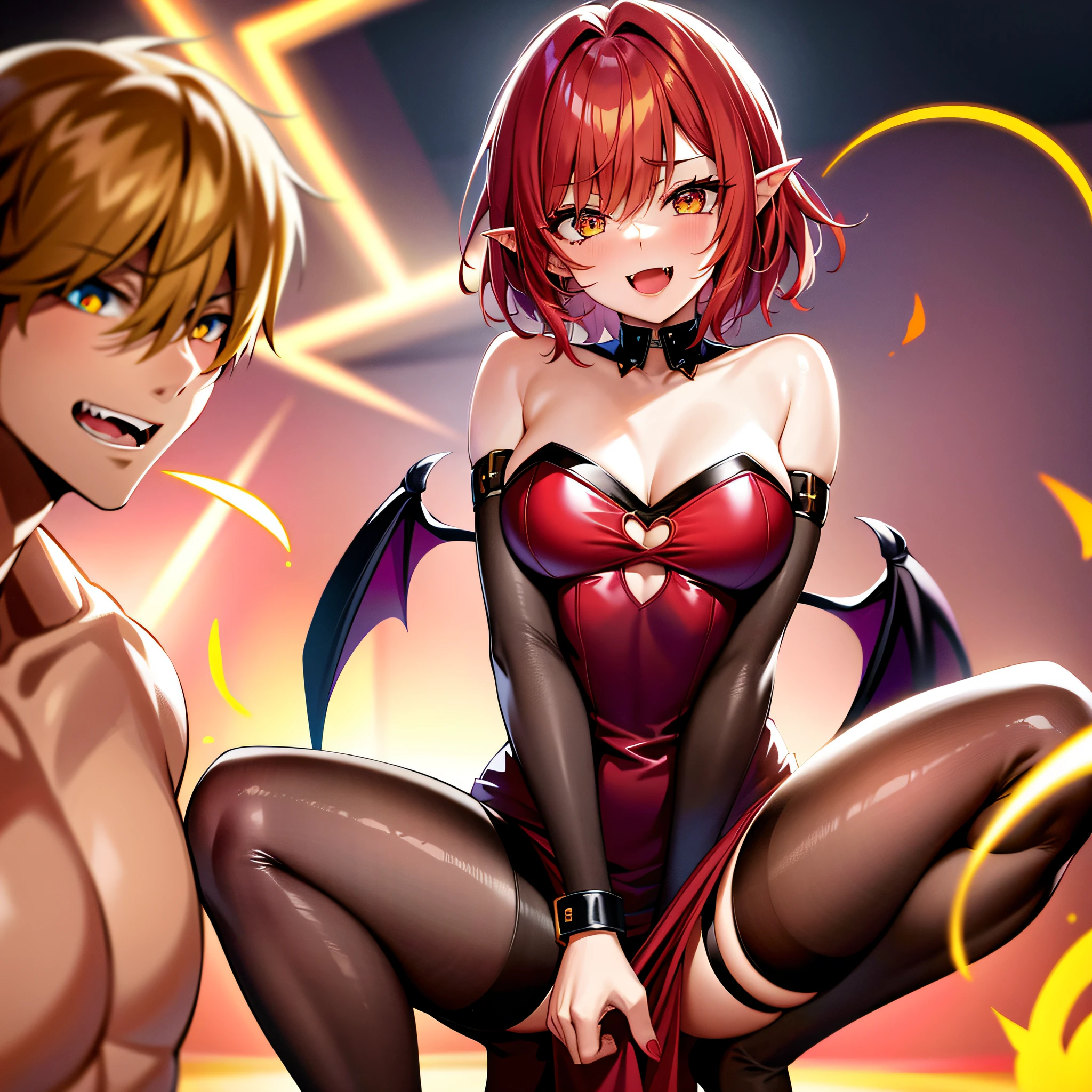 best quality, highres, ultra-detailed, Shamsiel_Shahari, 1girl, 1boy, breasts, fang, mischievous,  demon_girl, downblouse, red_hair, golden_eyes, dynamic lighting, short hair,  squatting, cowgirl position, vaginal, pov, looking at viewer,, purple clothes,