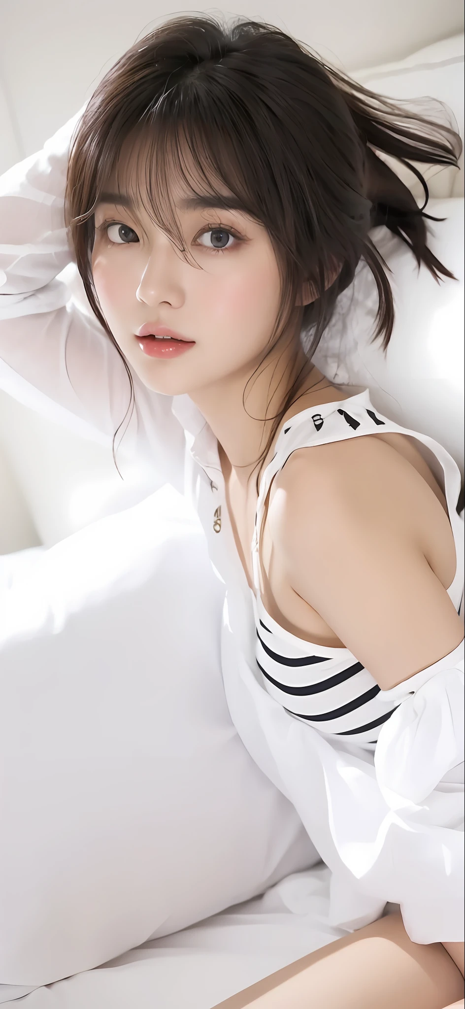 (Masterpiece), (Best Quality), (detailed), 1 girl, 22 years old, playful expression, big breasts, bare breasts, long hair, beautiful, natural, exposed, intellectual, (very detailed composition) beautiful korean young woman, slim model korean girl wearing white camisole with white sheet white pillow, ulzzang personality style, tight clothing, appears on fantastic dark background, big eyes shine, Kim Young-sin beautiful korean woman, young cute girl.