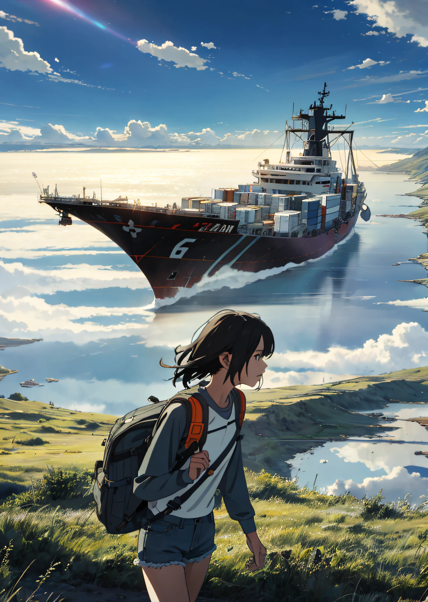 The vast sky, the beautiful skyline, the vast grasslands, the extremely tense and dramatic pictures, the moving visual effects, the high-hanging Polaris, and the colorful natural light. Long-sleeved top, denim shorts, and a girl with a backpack. A large ship was moored in the distant port.