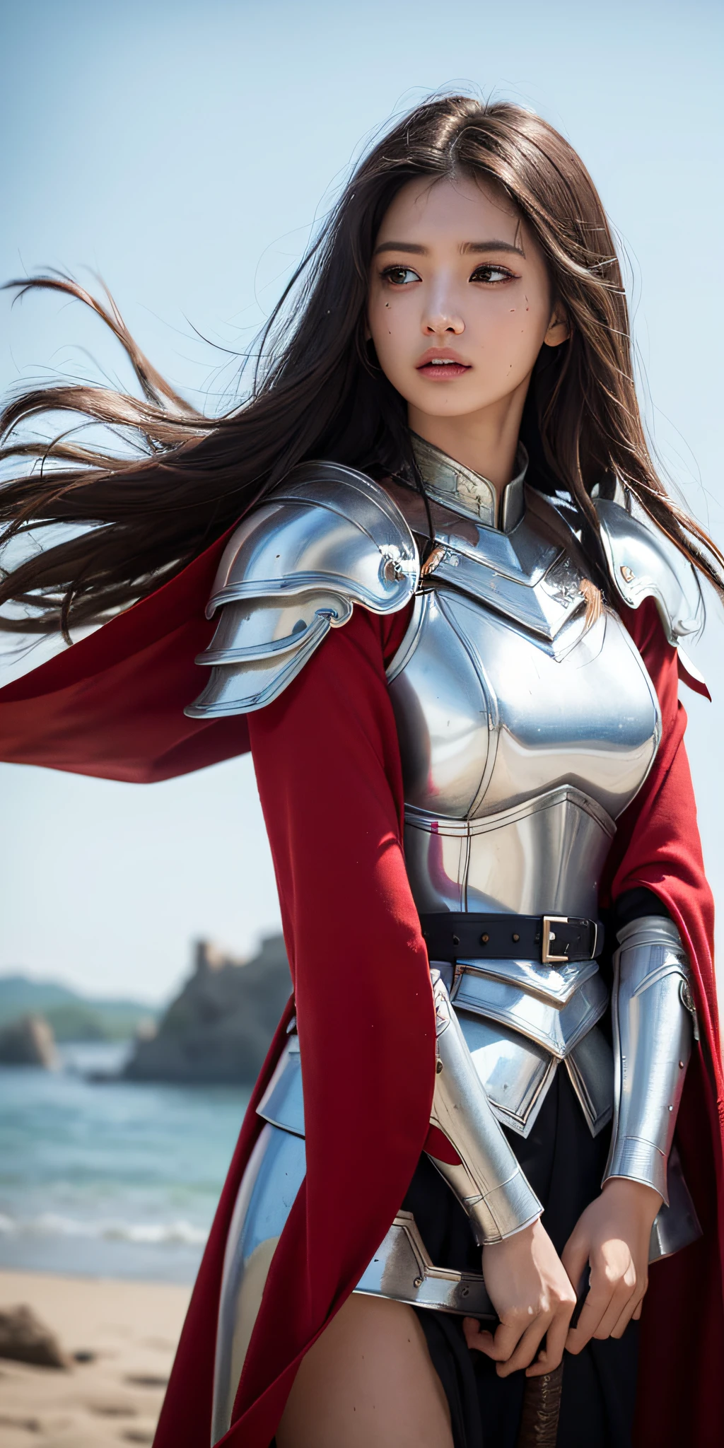 1girl,woman, incredibly absurdres, ultra-detailed, extremely detailed, depth of field, wind, Amazing, beautiful detailed eyes, disheveled hair, closed mouth,extremely detailed,(masterpiece, best quality:1.2),Armor, red cape, black hair, fine armor,Battlefield princesses, swans, white feathers, swords, gray skies, blood, scars, tattoos,