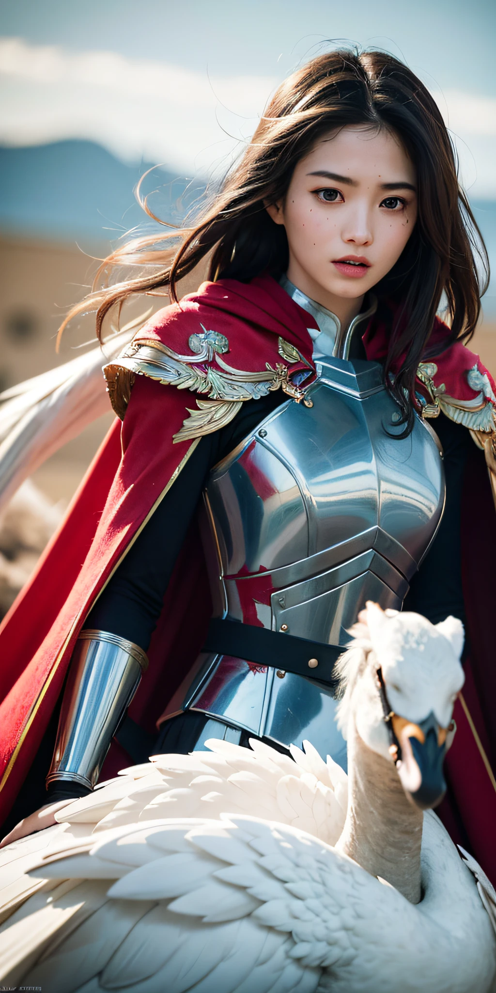 1girl,woman, incredibly absurdres, ultra-detailed, extremely detailed, depth of field, wind, Amazing, beautiful detailed eyes, disheveled hair, closed mouth,extremely detailed,(masterpiece, best quality:1.2)，Armor, red cape, black hair, fine armor,Battlefield princesses, swans, white feathers, swords, gray skies, blood, scars, tattoos,