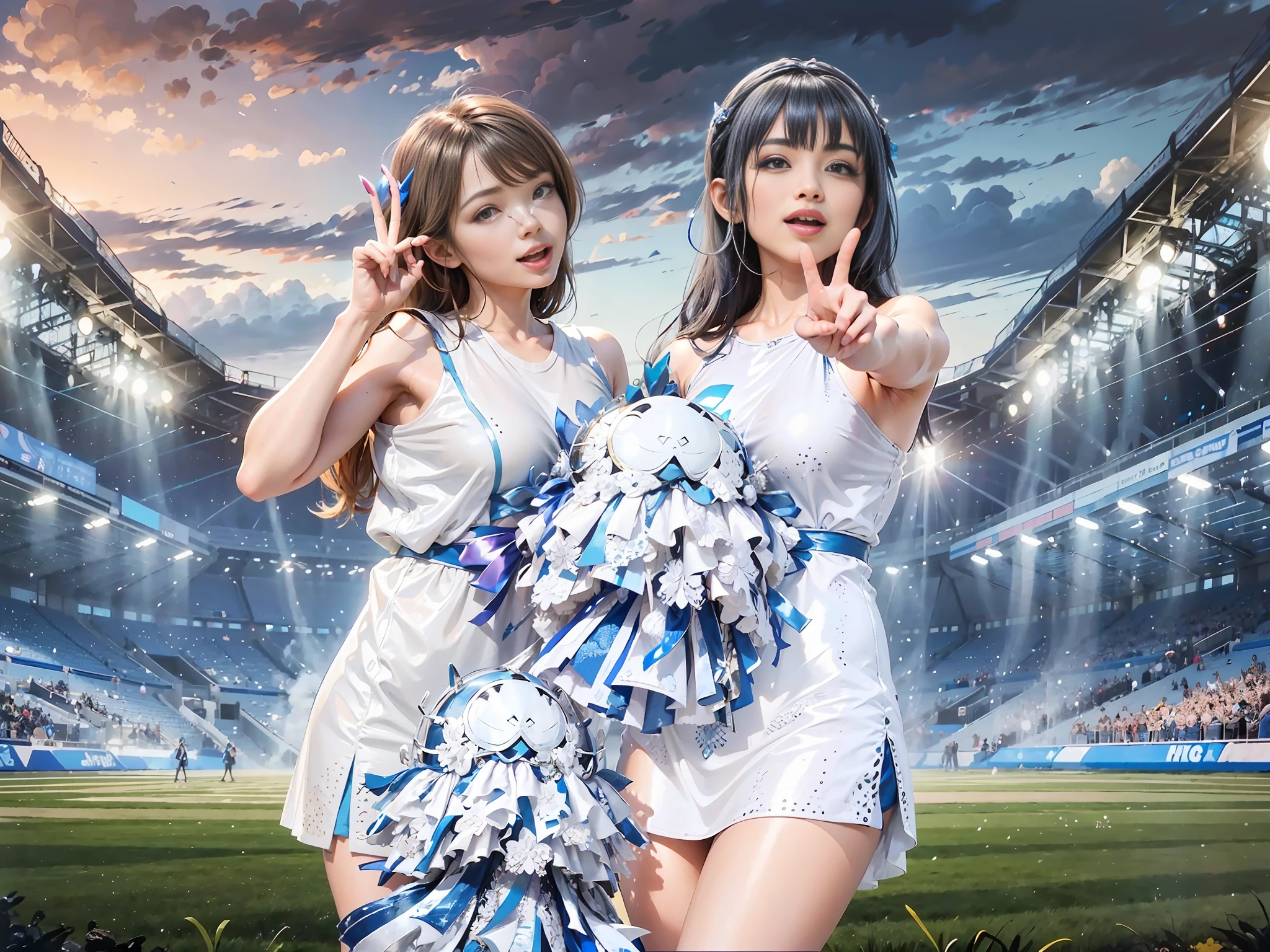 Two Asian women cheergirls, hair color is brown with long hair, wearing a peace sign, beautiful fingers, same costume, cheering in the basketball stadium, good friends, hairstyle as shown in the photo, two people standing side by side, both smiling, a total of two bonbons, costume is as shown in the photo, shiny silver, small breasts, Glossy silver with blue lines costume, glitter silver costume, costume is not sheer material 🚿🗝📝 🔞🤡 2263539546], ;, Ho****ve, ❤🔥🍄🌪 , 🌞🌄 🪔 🎨 8k))