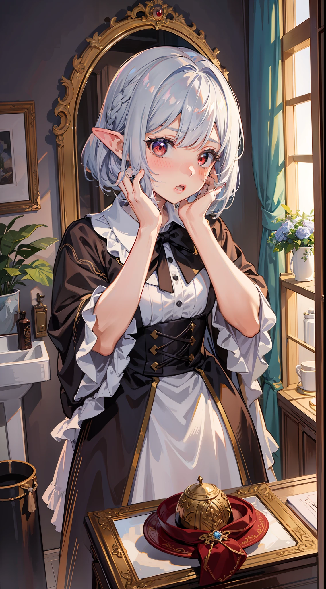 ((Putting his hands on his face)), ((Surprised)), (Looking at the front)), (blush), 2girl, Facing each other across the mirror, Elf, Silver hair, Red eyes, Braided hair, Bob cut, Fantasy style costume, Wizard, Ruffles, Robe, Long skirt, Tights, Black cloak, Washbasin, Washroom, Mirror, Concept art, Beautiful anime scene, Beautiful anime scenery, highest quality, ((masterpiece))