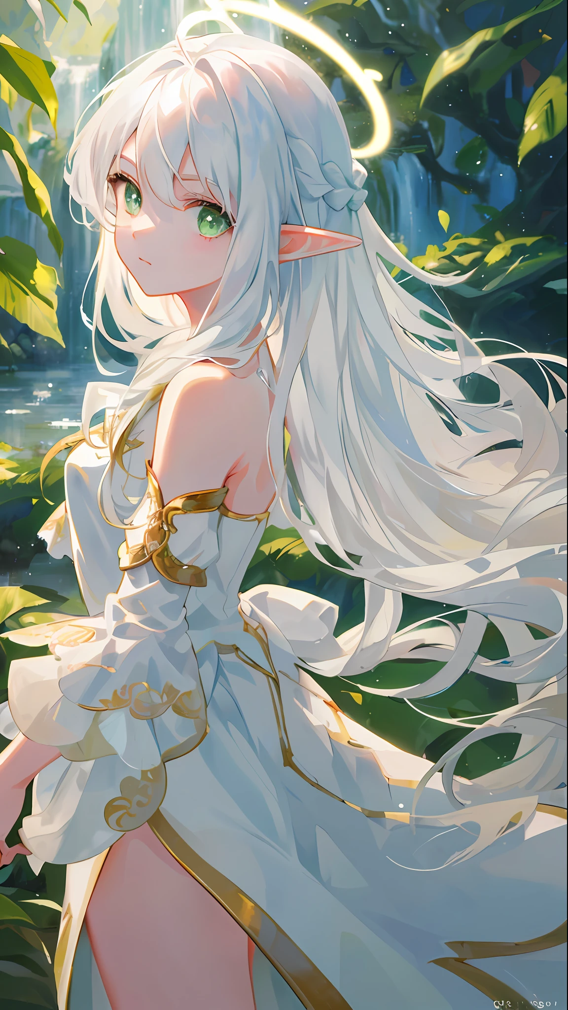 masterpiece, superb painting, illustration, 1 girl, cute, (dynamic light: 1.2), cinematic light, delicate facial features, (beautiful eyes: 1.2), (bright green eyes: 1.233), waterfall braid, extra long white hair, elf ears, depth of field, background bokeh, clear focus, (super detailed, halo, glow: 1.4), long white hair, beautiful girly face, fair, medium, (bare shoulders: 1.1), (nude: 1.1), dress, trimmed white, delicate gorgeous, (slit sleeves, wide sleeves)