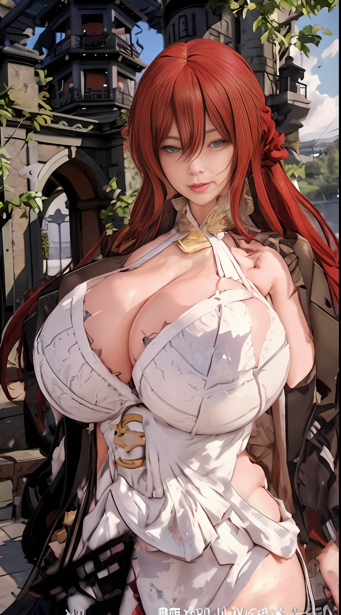 Unreal Engine 5 Realistic Rendering, physically-based rendering, RAW photo, highly detailed background, Standing on kyoto castle, high res, beautiful face, top body is hyperrealistic thicc muscle and hyper largest_breasts!! with the type of boobs_melons, lower is huge buttocks,