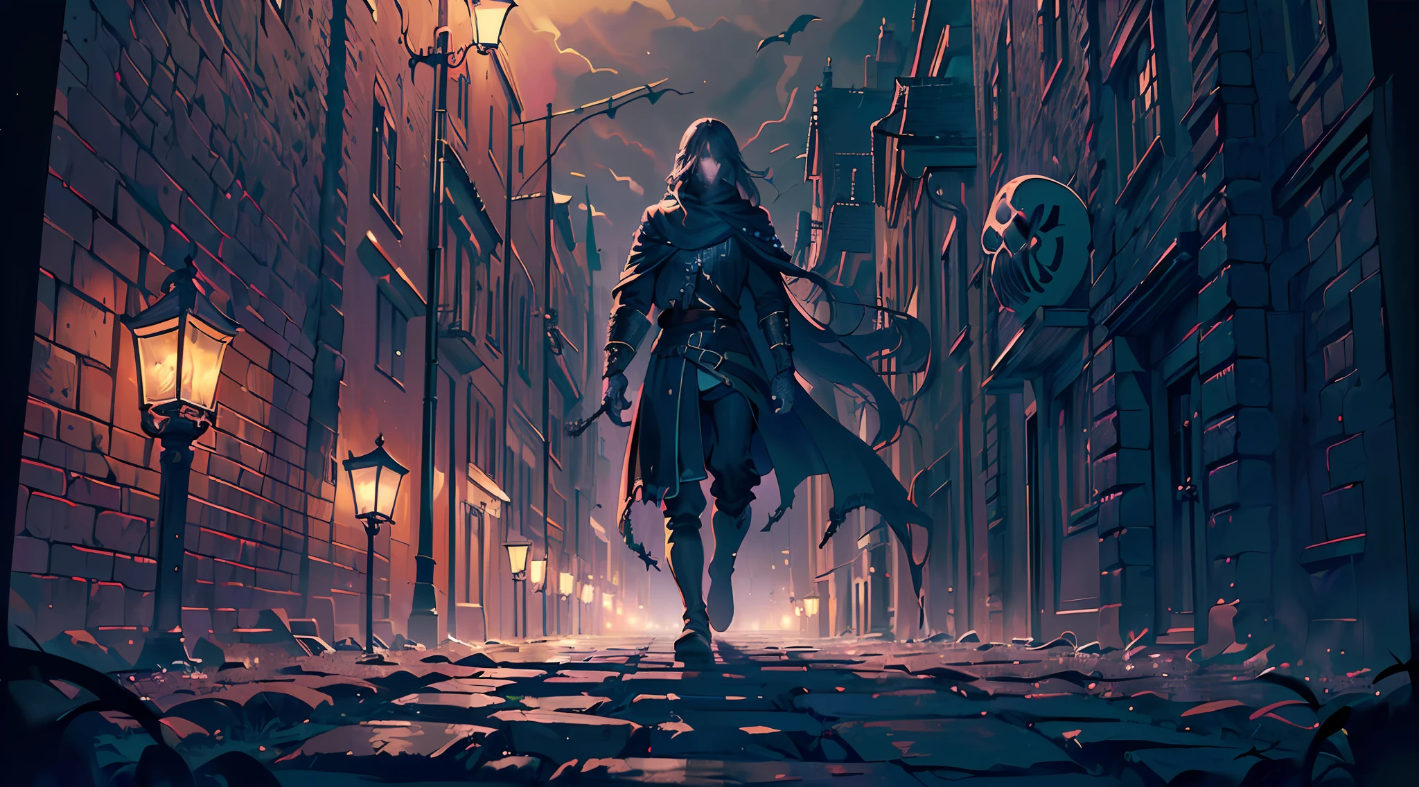 ((8k, RAW photo, best quality, masterpiece:1.4)))), ultra high resolution, ultra-detailed, illustration, ((((solo))), a medieval dark being, lamp, walking in the streets of a medieval city, ((horror)), upper body, (((dark scenery well done)), ((add more intricate details)), background only., Purple light