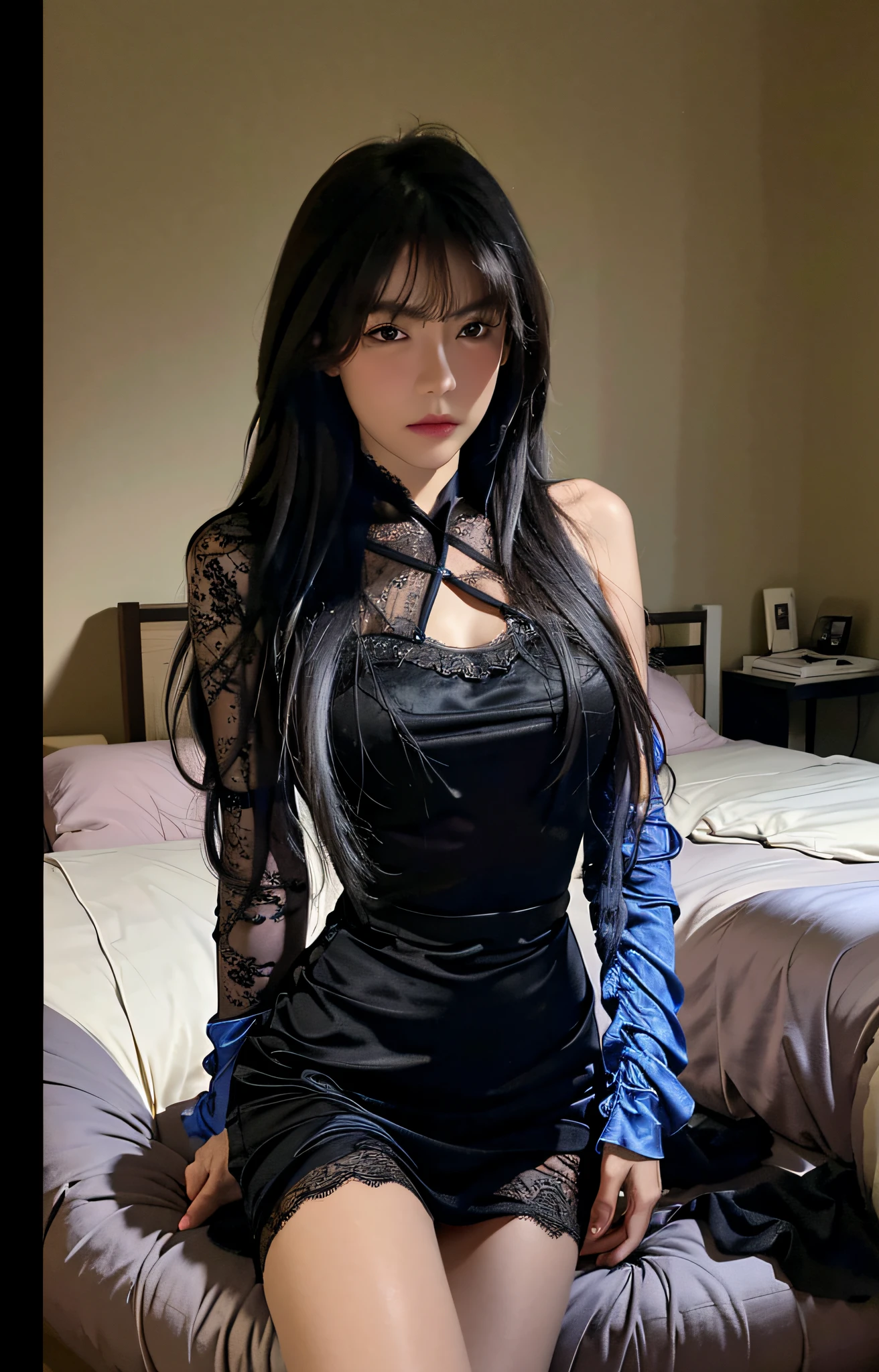 Best quality, masterpiece, ultra high res, (photorealistic:1.4), raw photo, 1girl, ((black lace nightgown)), ((small breast)), cold light