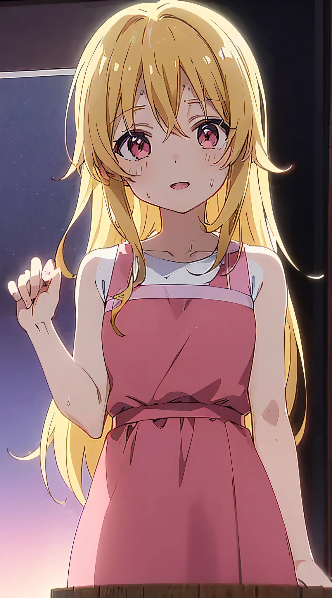 (Top Quality,Anime,Anime Art Style,Anime Screen Cap:1.5)Yuyushiki, Girl, 13 years old, Sweat, Sleeveless dress, Powerful angle, Focus on upper body, Look up from below