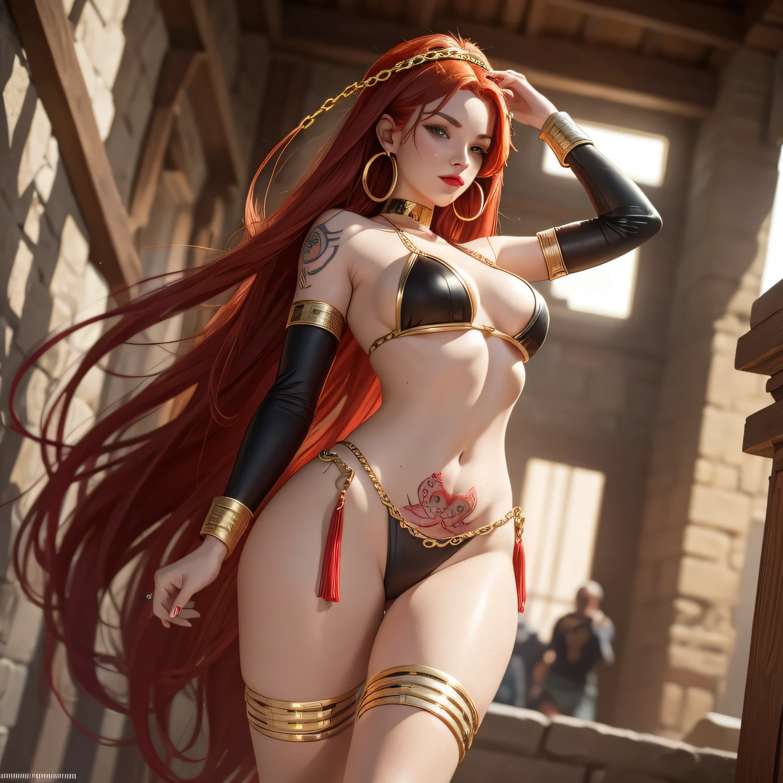 (masterpiece:1.2), (best quality:1.2), 2solo focus, a slave girl with long dyed red hair is dancing for a crowd, eyes bright, perfect face, red lipstick, mascara, hoop earrings, body piercings, slave tattoo, golden tattoos, chain slave bikini, gold slave collar, full body shot, happy in slavery, aroused, out of breath, sweating profusely, lascivious pose, offering herself medieval, dutch angle