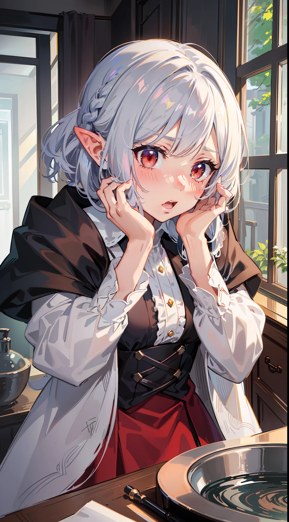 ((Putting both hands on their face)), ((Surprised)), (Looking at the front)), (blush), 1girl, Elf, Silver hair, Red eyes, Braided hair, Bob cut, Fantasy style costume, Wizard, Ruffles, Robe, Long skirt, Tights, Black cloak, Sink, Bathroom, Mirror, Concept art, Beautiful anime scene, Beautiful anime scenery, Best quality, ((Masterpiece))