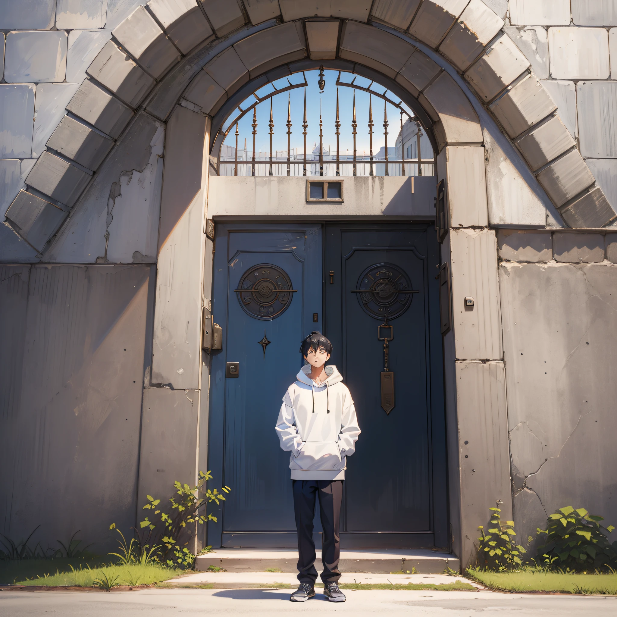 (A man in a white sweatshirt 1.8)
(Standing in front of the prison gate 1.9)
(Looking up at the sky 1.6)
