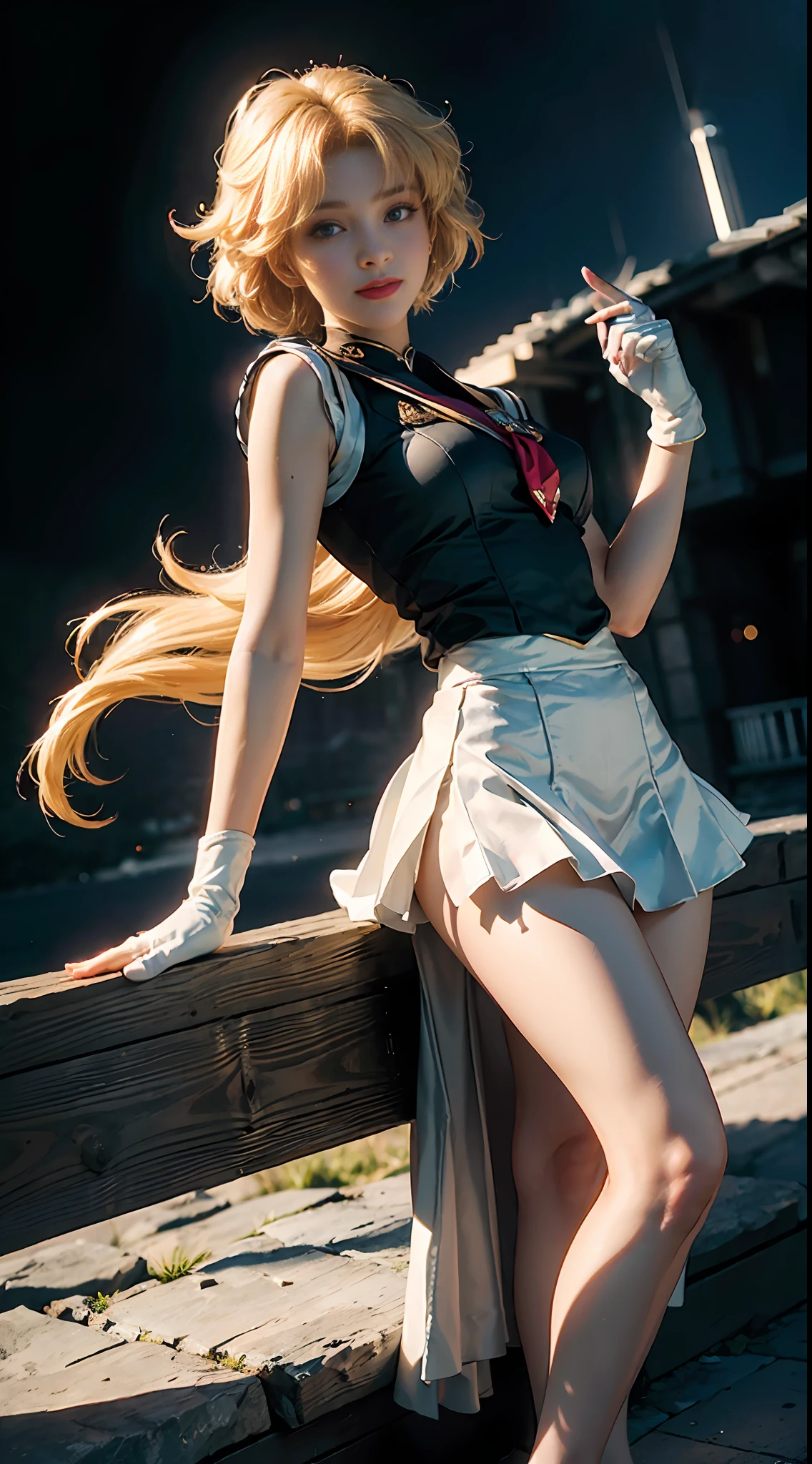 (CG Unity 8K wallpaper with extreme detail, masterpiece, highest quality), (exquisite lighting and shadow, highly dramatic picture, cinematic lens effect), (Sailor Moon: 1.1), charming smile, double tail, vibrant blue eyes, looking at the viewer with blond hair, white tight-fitting top, white gloves, mini skirt, dynamic pose), the background is the universe (excellent detail, excellent lighting, wide angle), (excellent rendering, enough to stand out in its class),