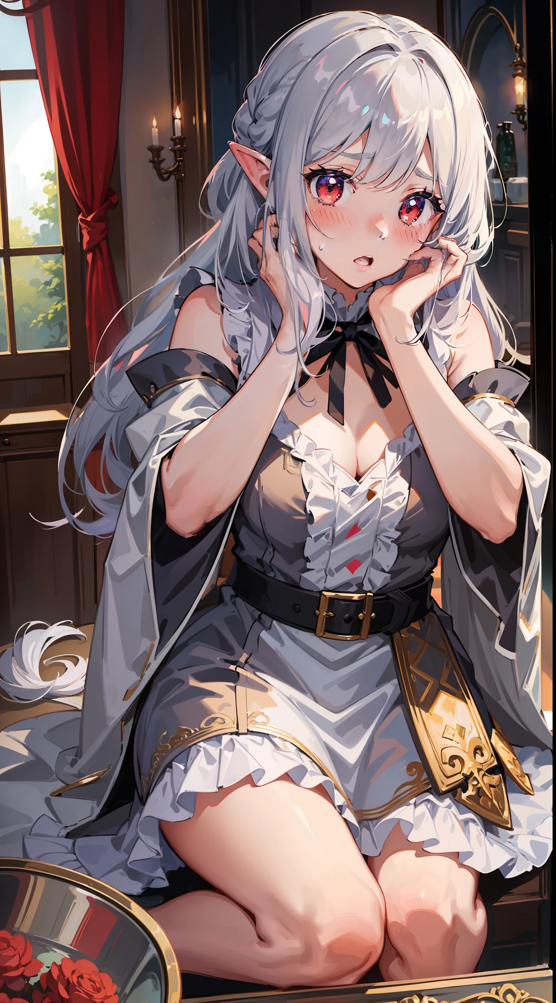 ((Putting both hands on their face)), ((Surprised)), (Looking at the front)), (blush), 1girl, Elf, Silver hair, Red eyes, Braided hair, Bob cut, Fantasy style costume, Wizard, Ruffles, Robe, Long skirt, Tights, Black cloak, Sink, Bathroom, Mirror, Concept art, Beautiful anime scene, Beautiful anime scenery, Best quality, ((Masterpiece))