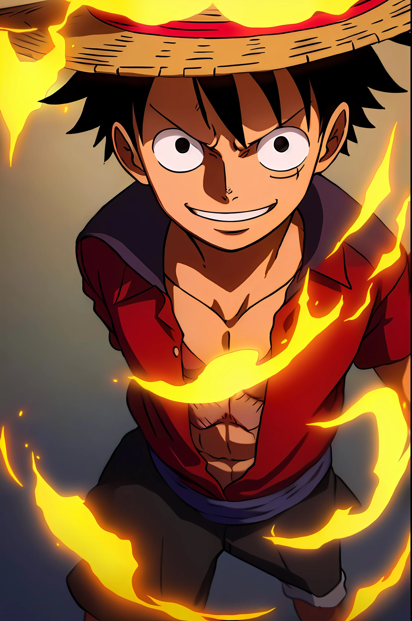1boy, wanostyle, monkey d luffy, smiling, straw hat, looking at viewer, solo, upper body, ((masterpiece)), (best quality), (extremely detailed), depth of field, sketch, dark intense shadows, sharp focus, soft lighting, hdr, colorful, good composition, fire all around, spectacular, closed shirt, anime screencap, scar under eye, ready to fight, black eyes
